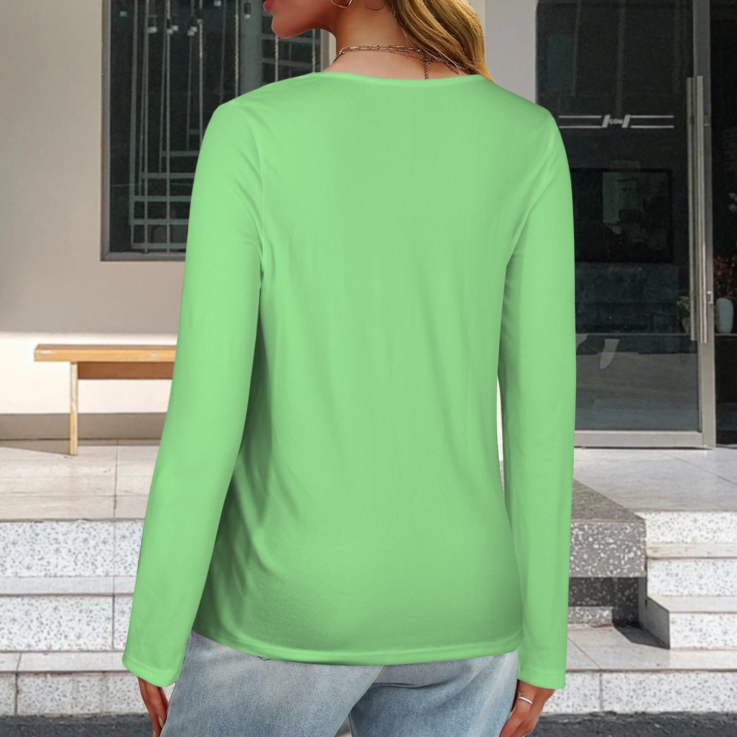 V Neck Long Sleeve Pullover Top Light Green