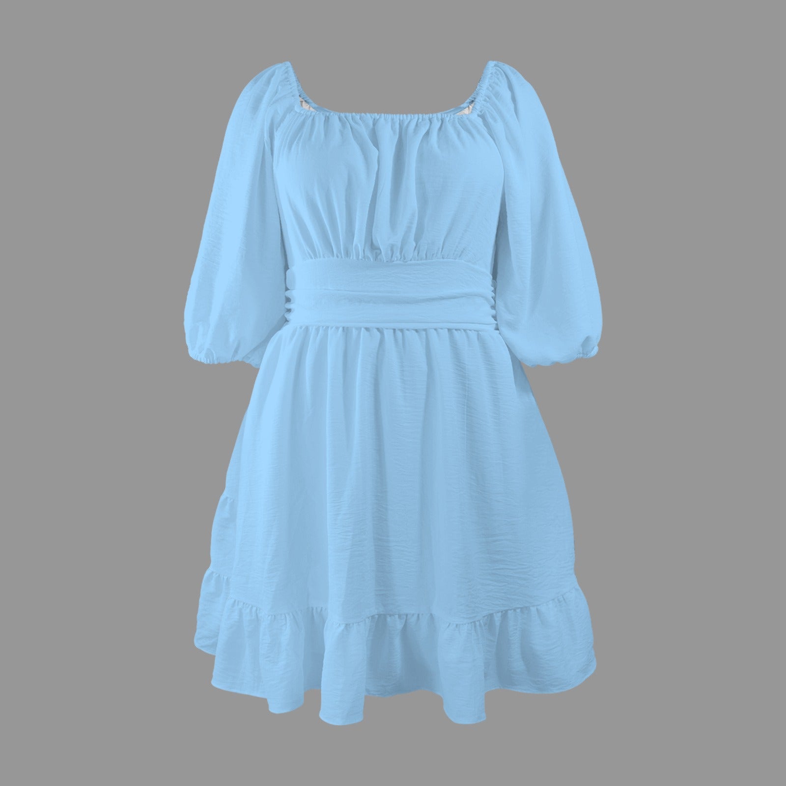 Sky Blue Square Neck Mid Length Sleeved Dress