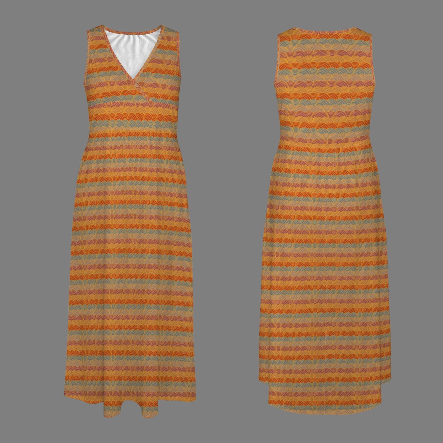 Multi Color Scallop Print Sleeveless V-Neck Maxi Dress