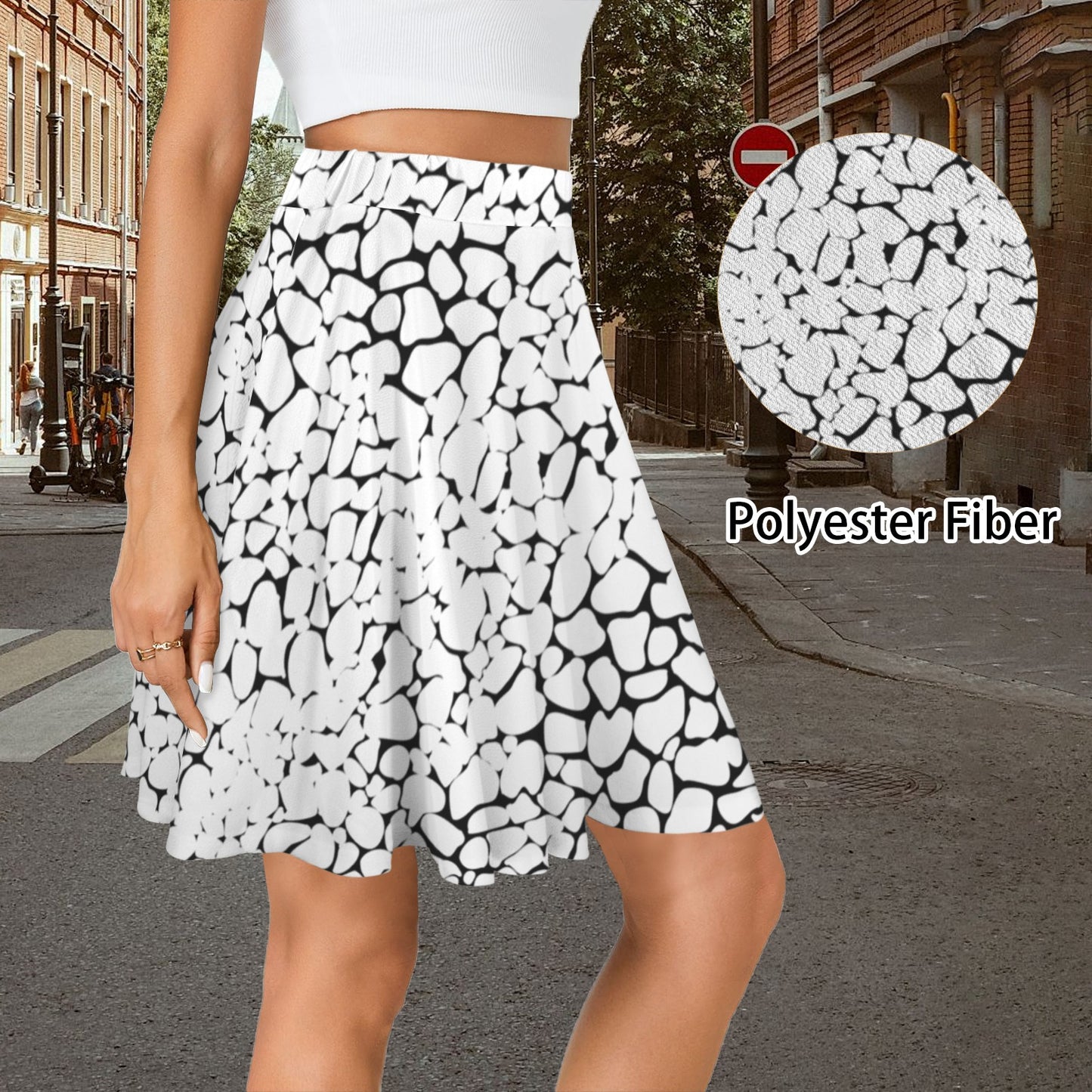 Elastic Waist Casual Flared Mini Skirt BW Abstract