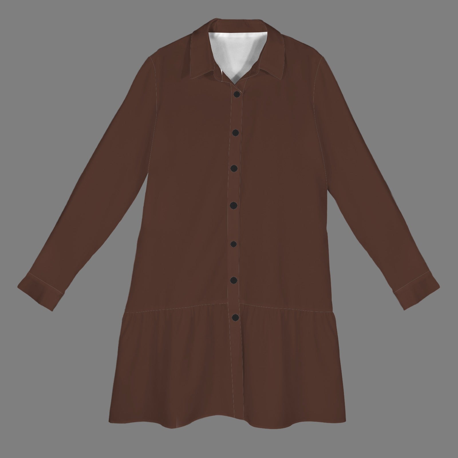 Chocolate Lapel Button Long Sleeve Pleated Shirt Dress