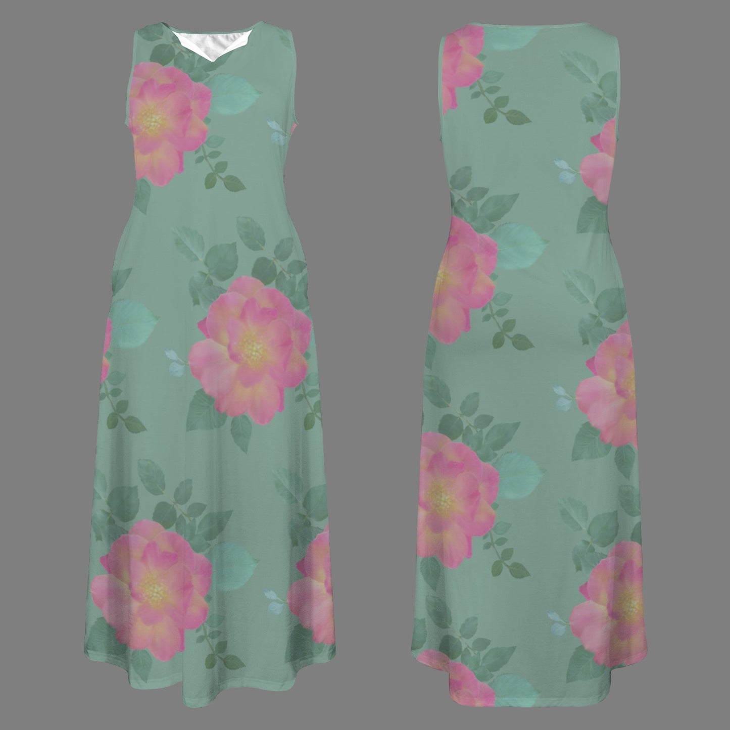 Sleeveless Maxi Dress Roses Dusted Green