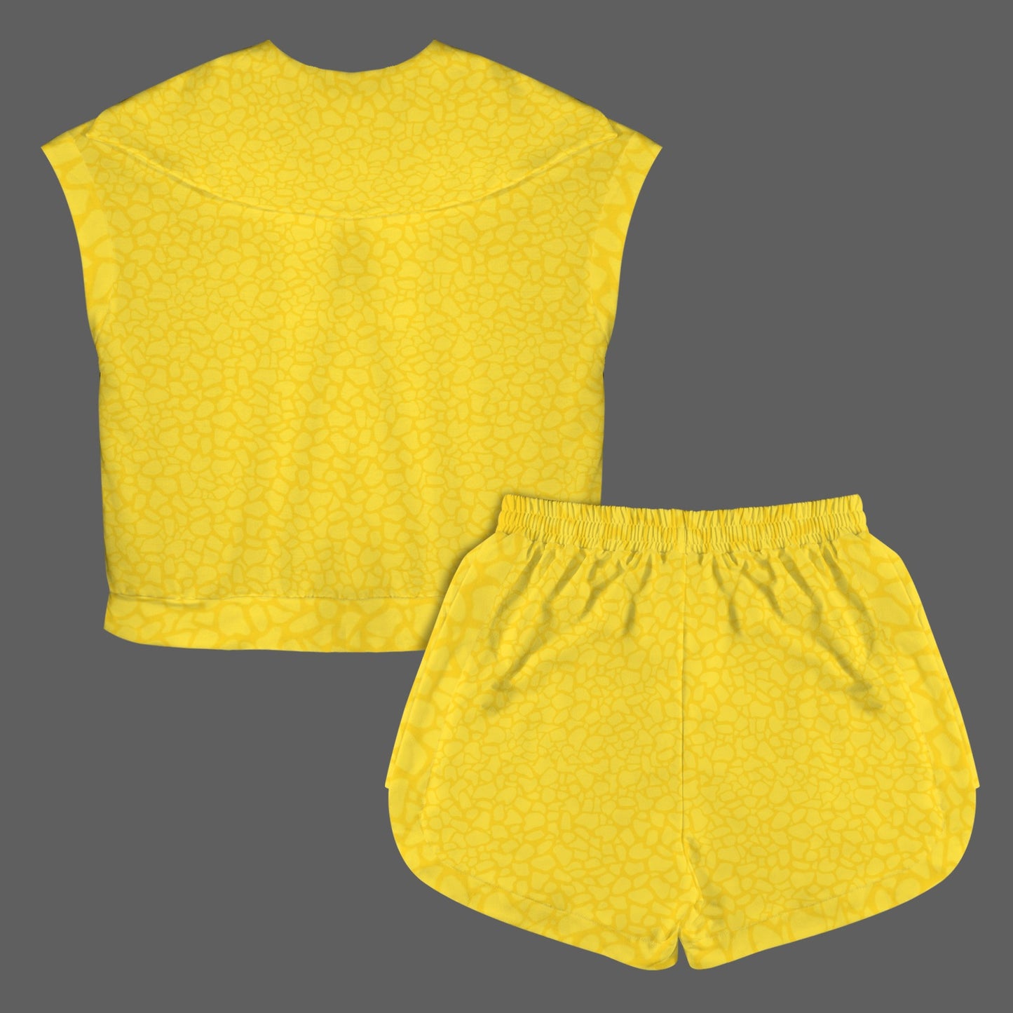 Yellow Petal Print Short Sleeve Lapel Half Zip Top & Drawstring Shorts Set