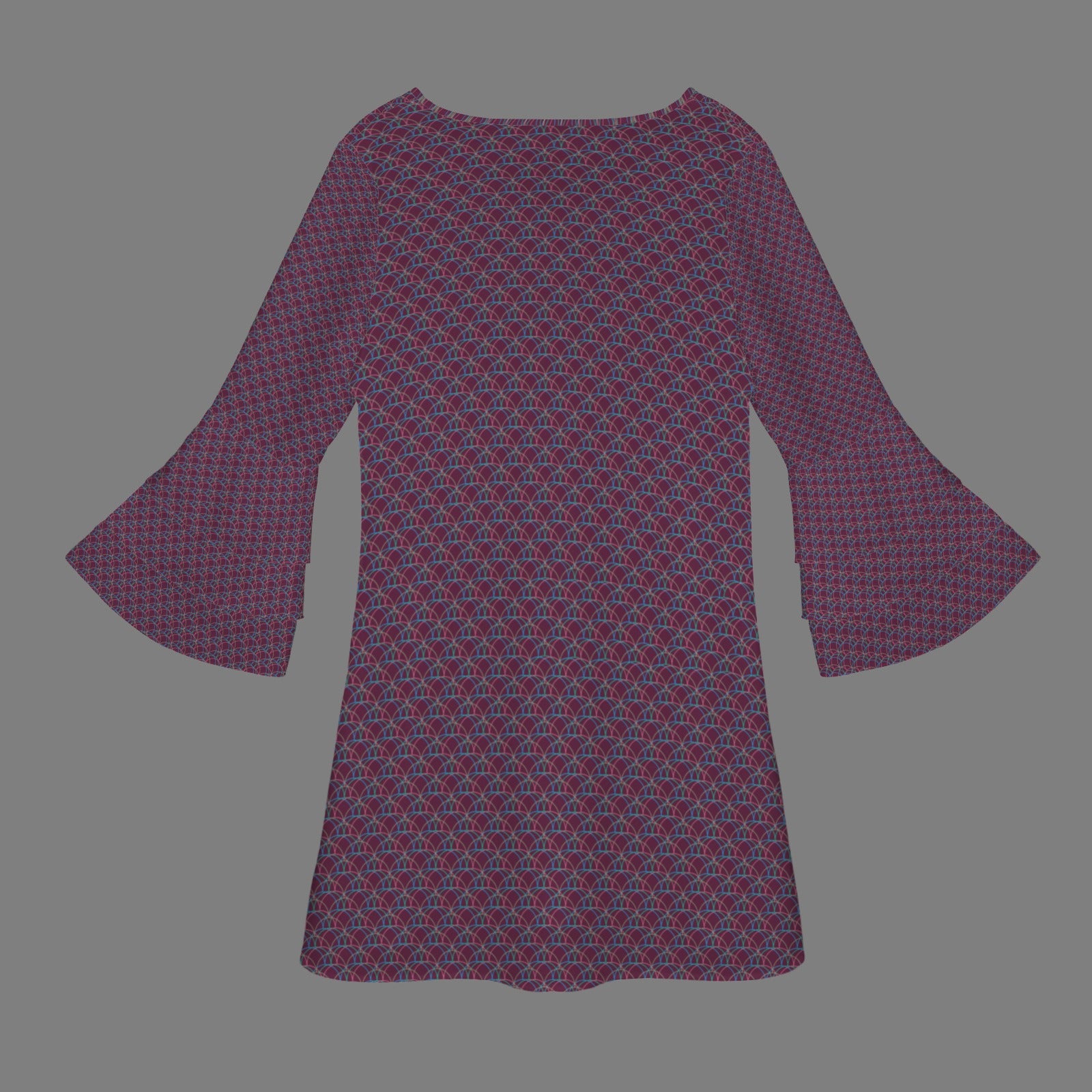 Dark Berry Multi Geo Print V Neck Layered Flared Sleeve Dress