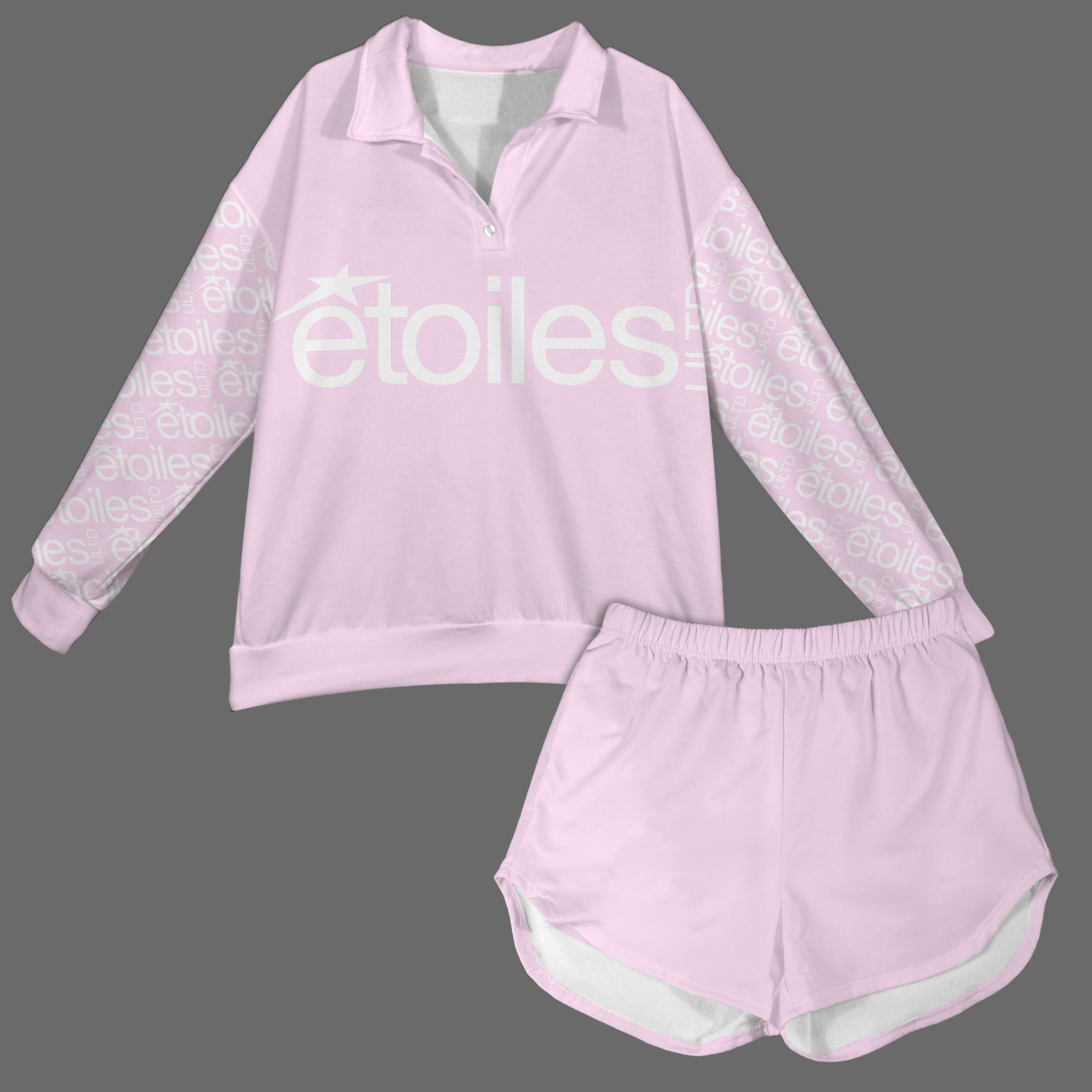 Long Sleeve Button Collar Sweatshirt & Elastic Waist Pocket Shorts Set étoilesULTD© Cool Pink