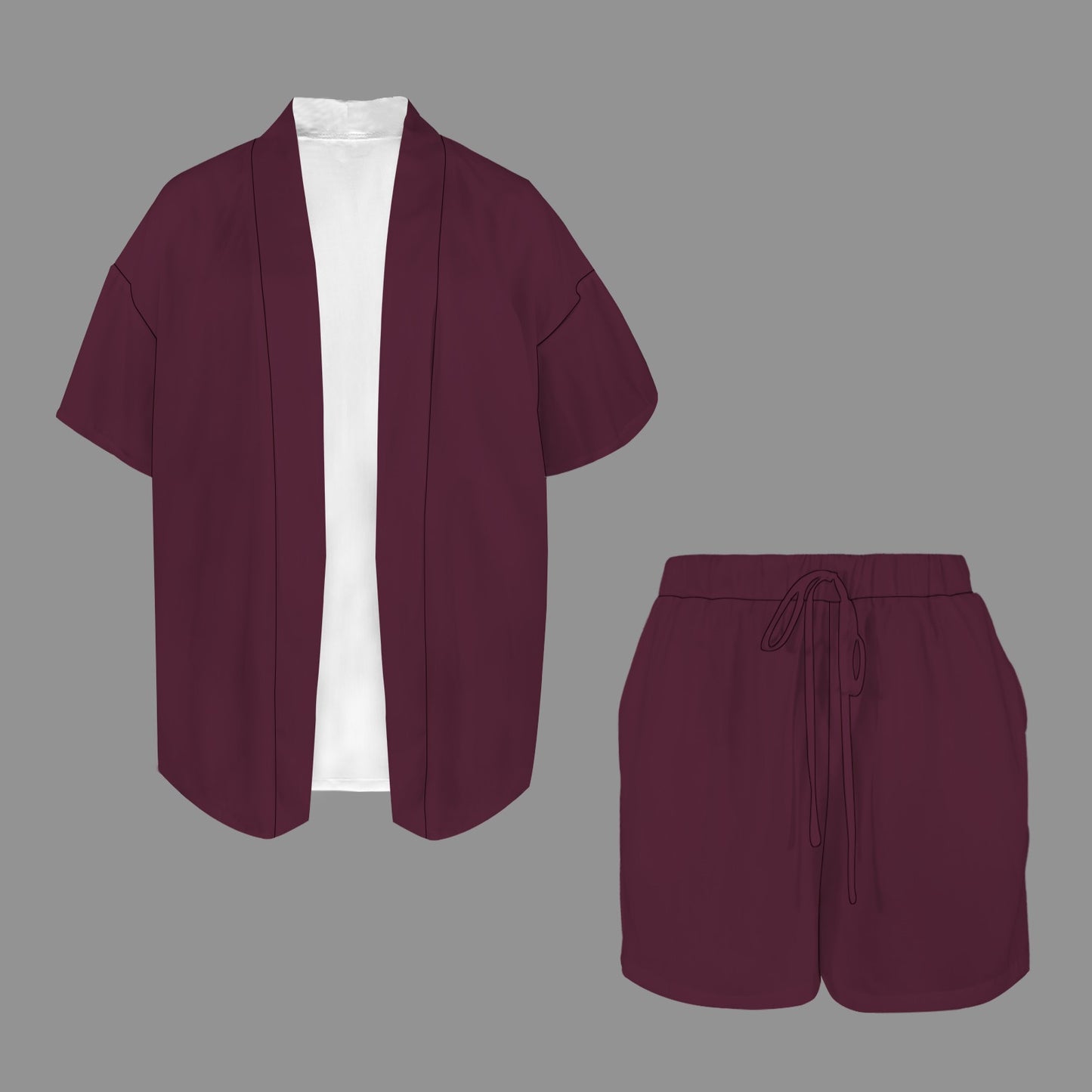 Open Front Lightweight Cardigan Top & Drawstring Waist Shorts Set Blackberry