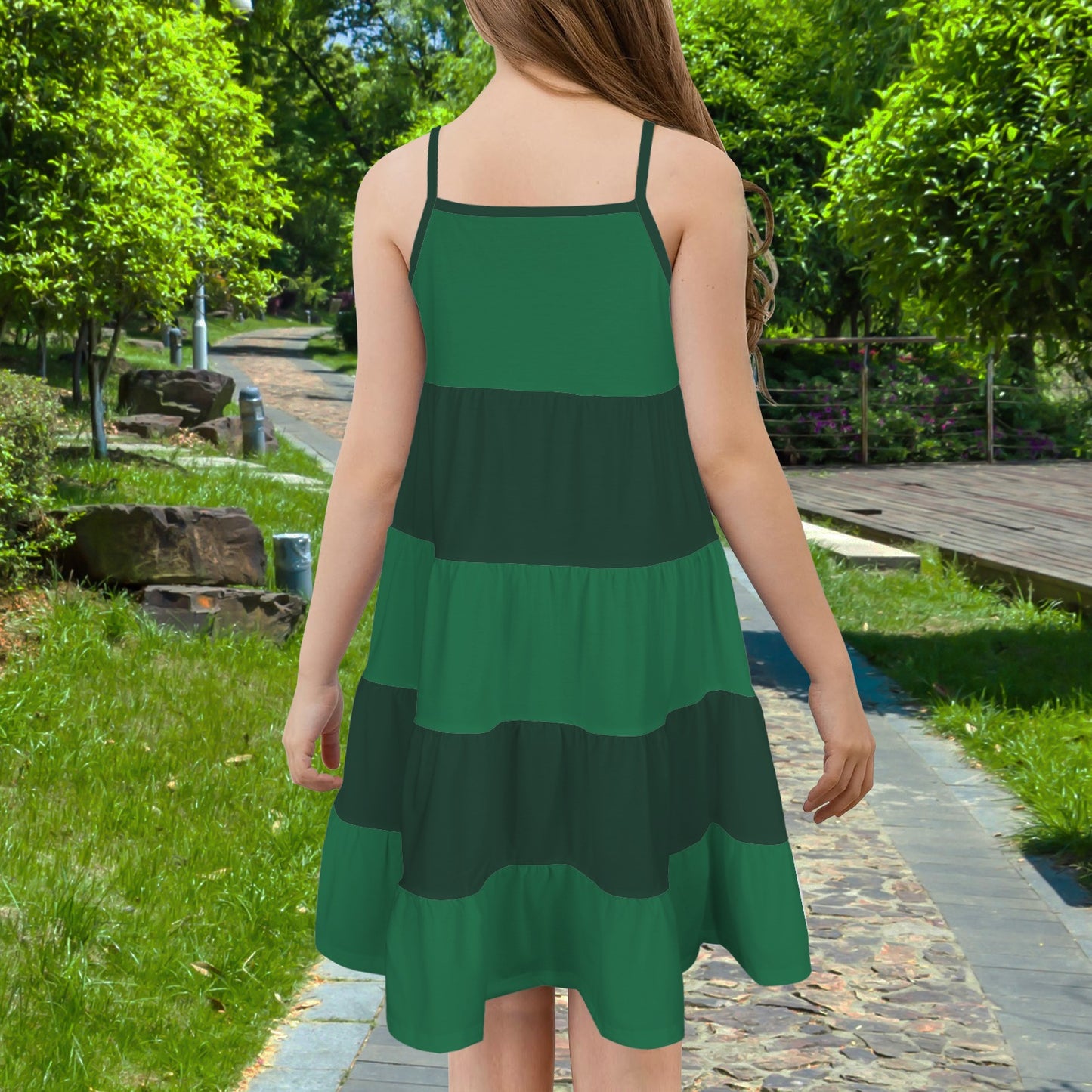 Spaghetti Strap Tiered Girls Dress Emerald Garden