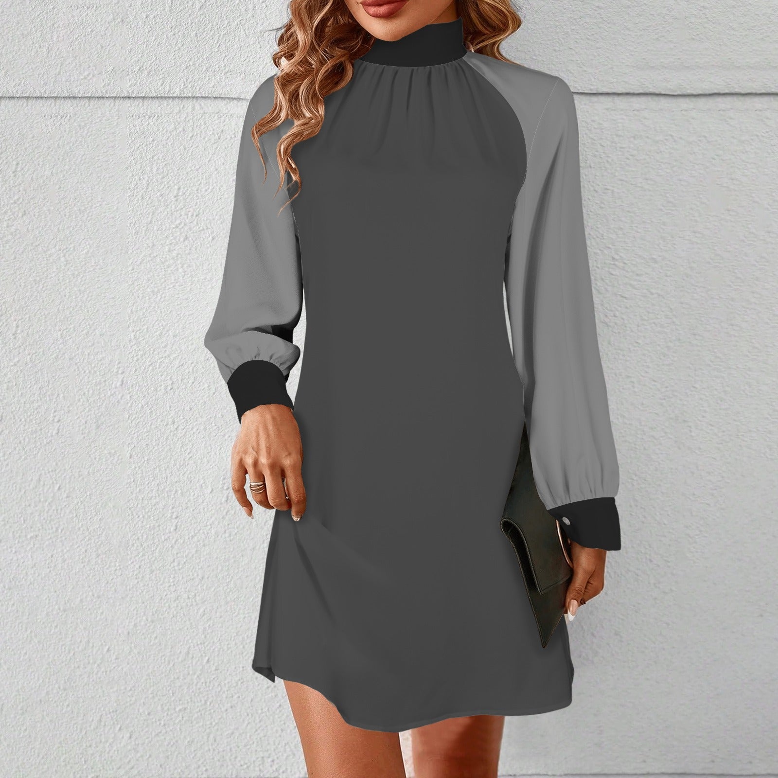 Mock Neck Long Lantern Sleeve Mini Dress Black Grey