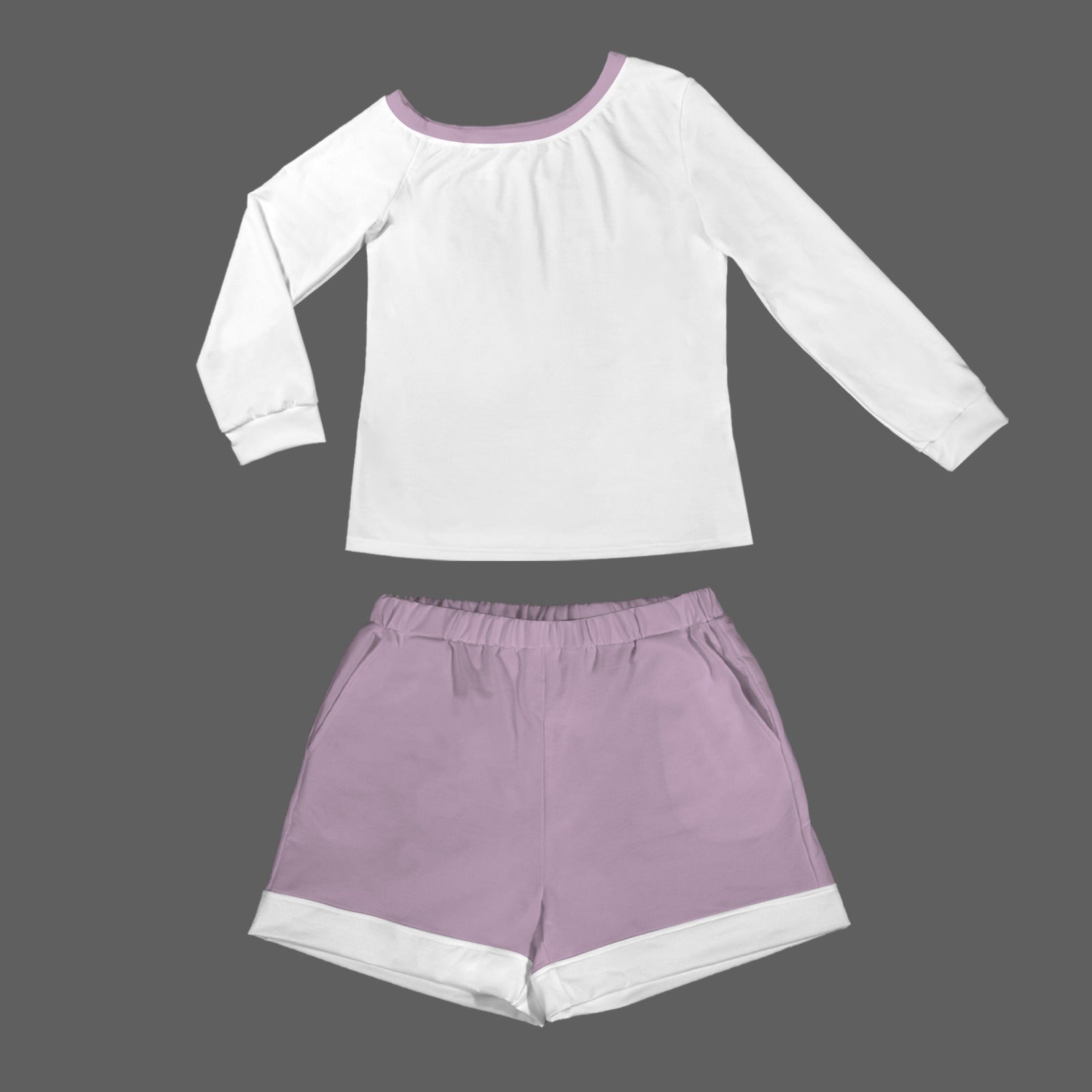 Slanted Off Shoulder Sweatshirt & Elastic Waist Shorts Set Dusted Lavender Mauve & White