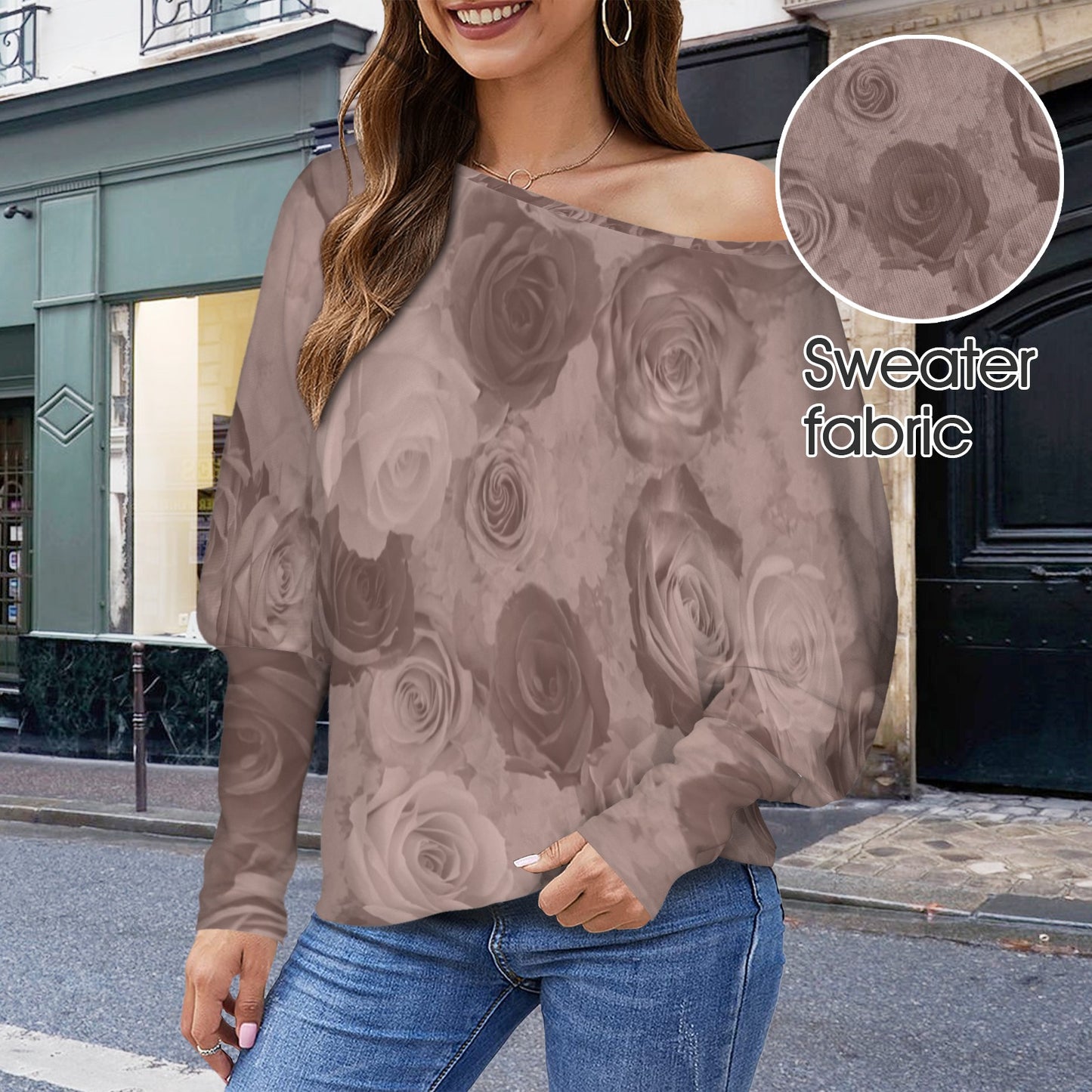 Casual Long Batwing Sleeve Off Shoulder Sweater Pullover Top Roses Neutral