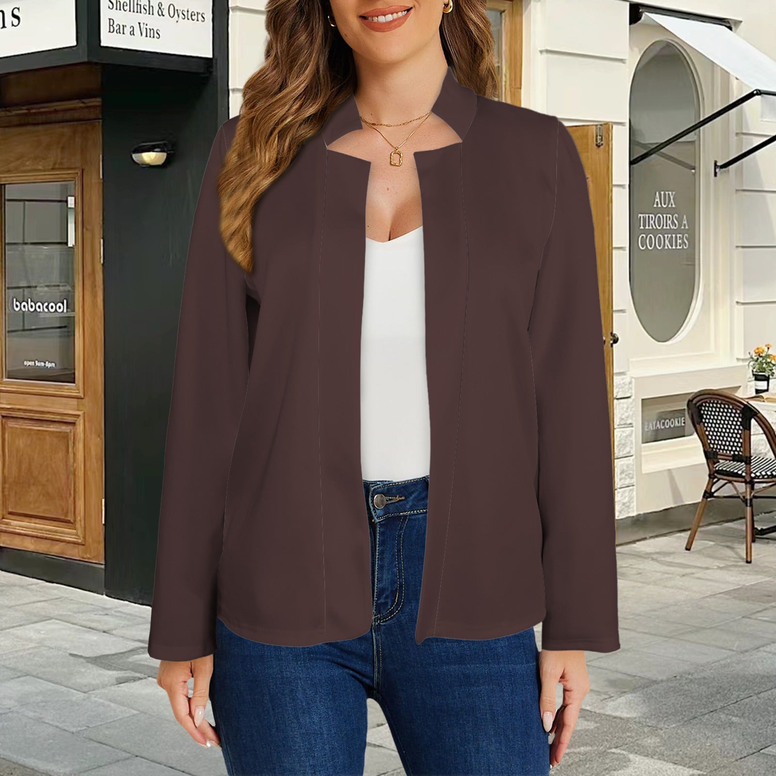 Open Front Long Sleeve Blazer Espresso Chocolate