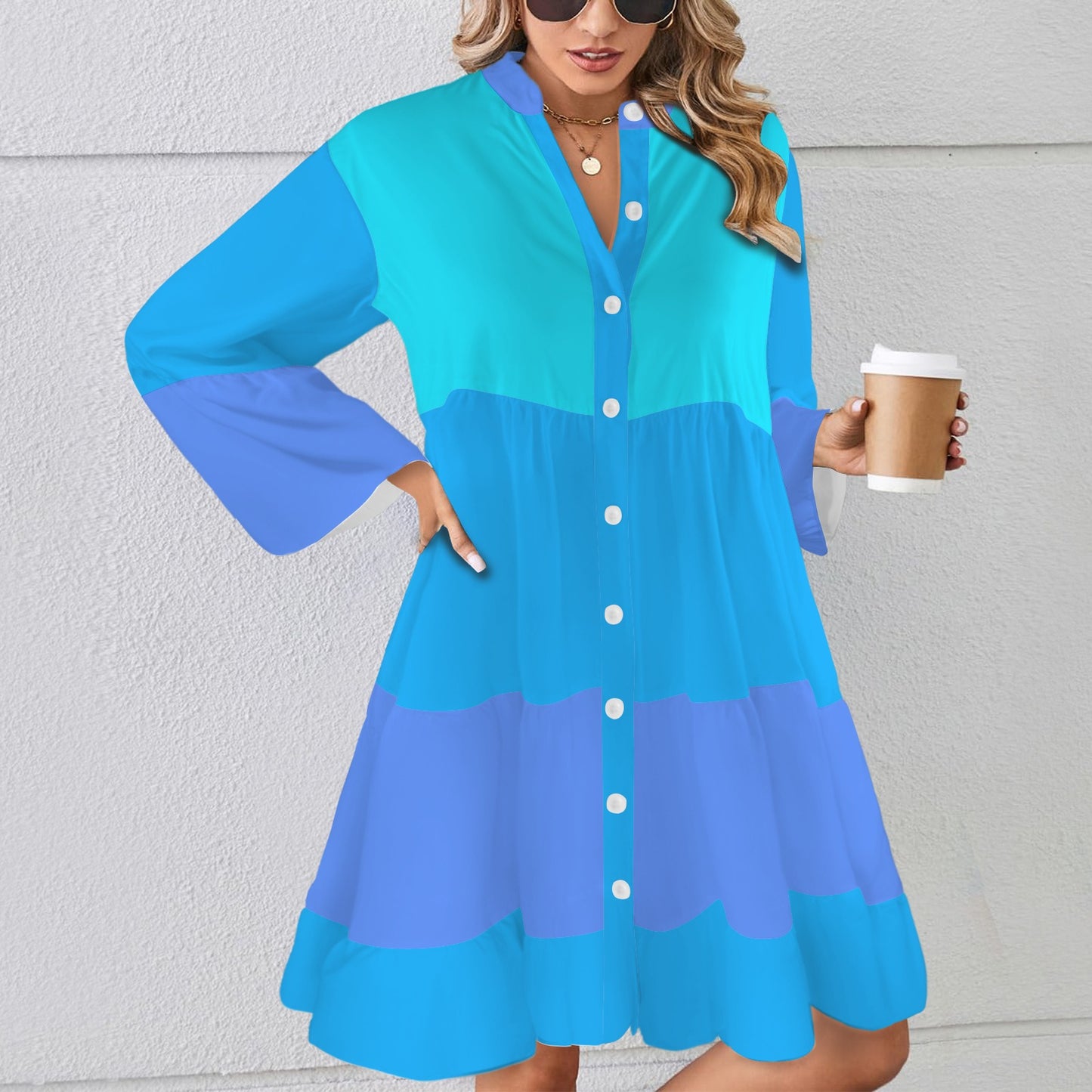 Flared Sleeve Button Tiered Shirt Dress Multi Blue