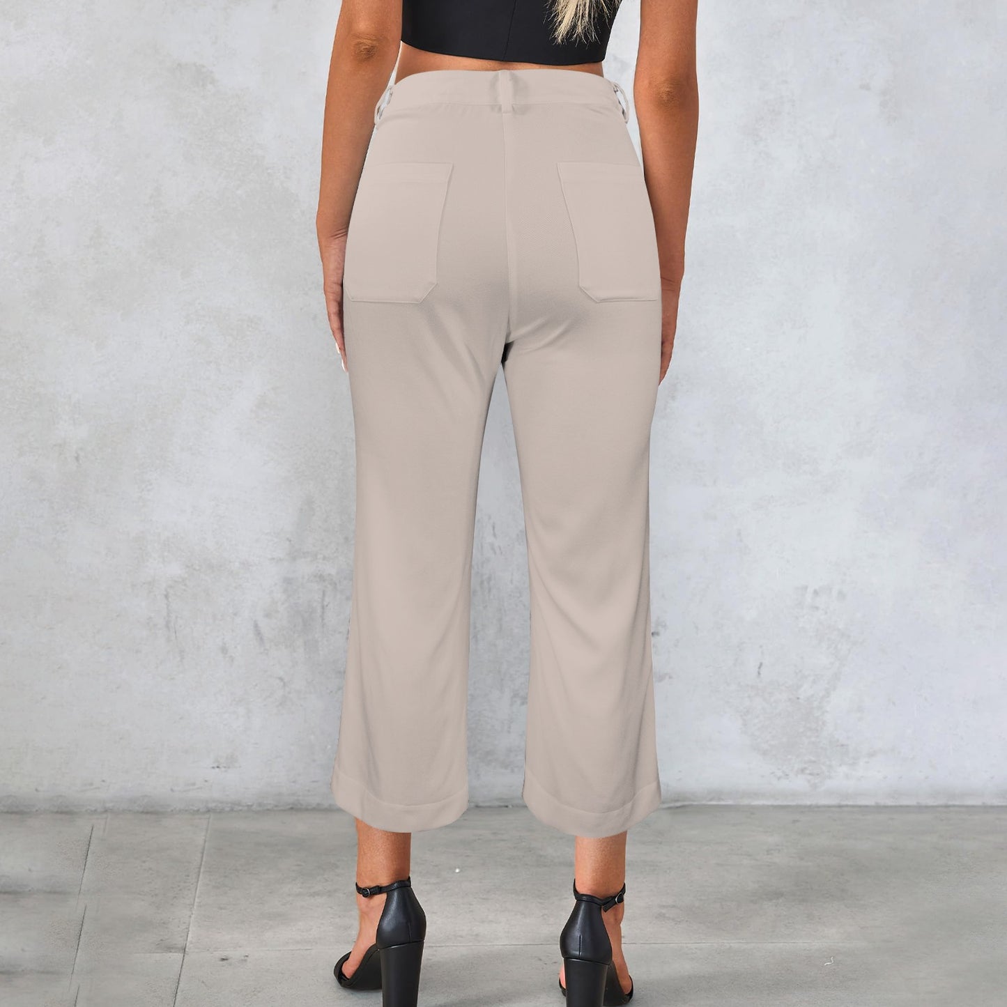 High Waist Pocket Flared Cropped Pants Beige