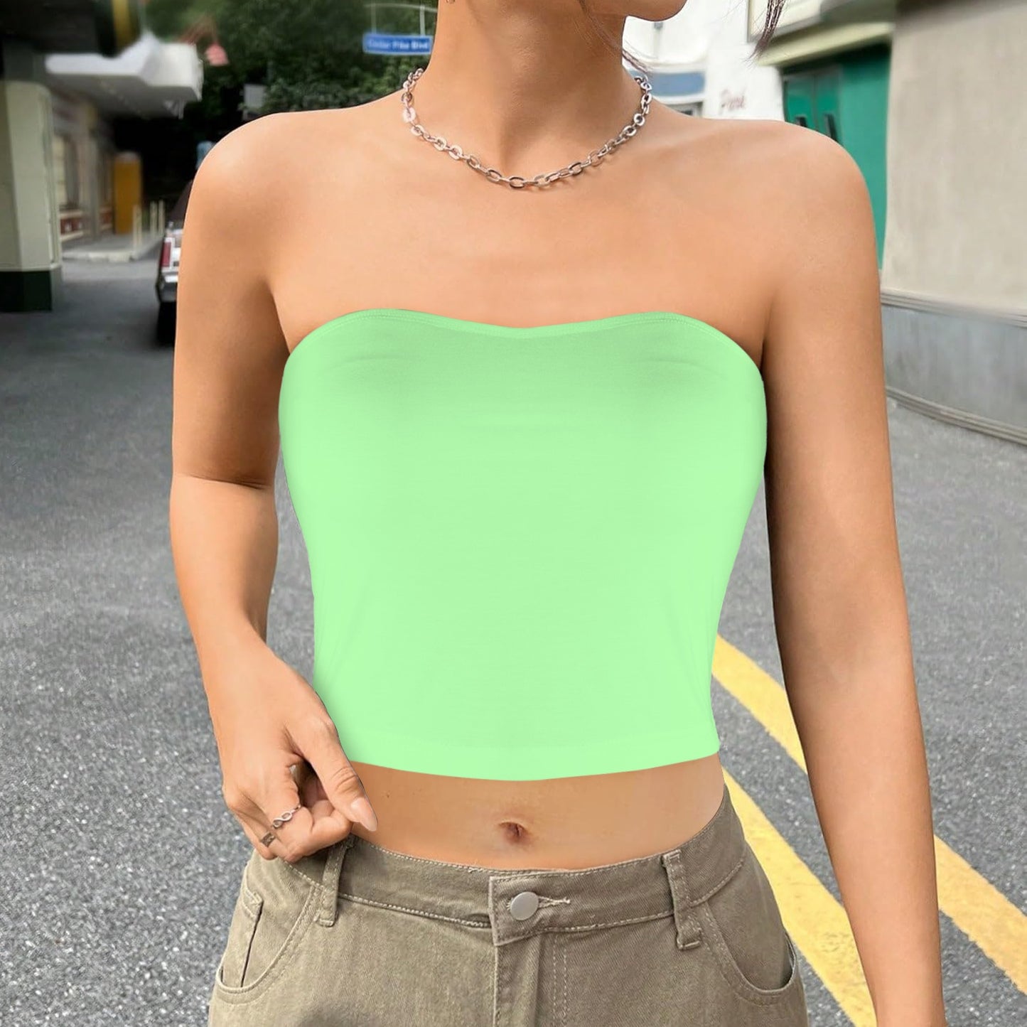 Light Green Basic Backless Tube Crop Top