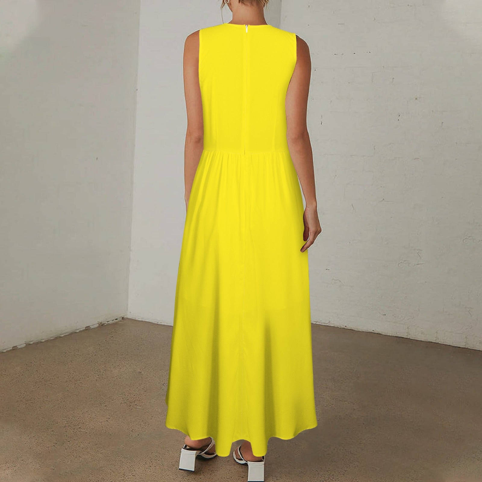 Deep V-Neck Sleeveless Hight Waisted Maxi Dress Sun Yellow