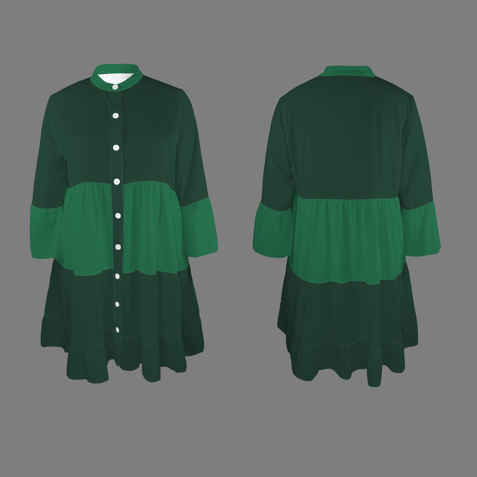 Flared Sleeve Button Tiered Shirt Dress Emerald Forest