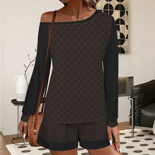 Slanted Off Shoulder Sweatshirt & Elastic Waist Shorts Set Circles Geo Brown Black