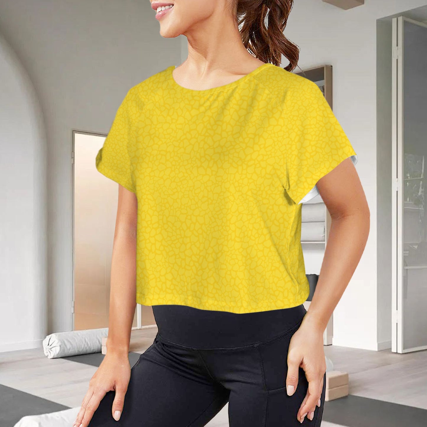 Crop Split Back Sports Tops Yellow Petal Print