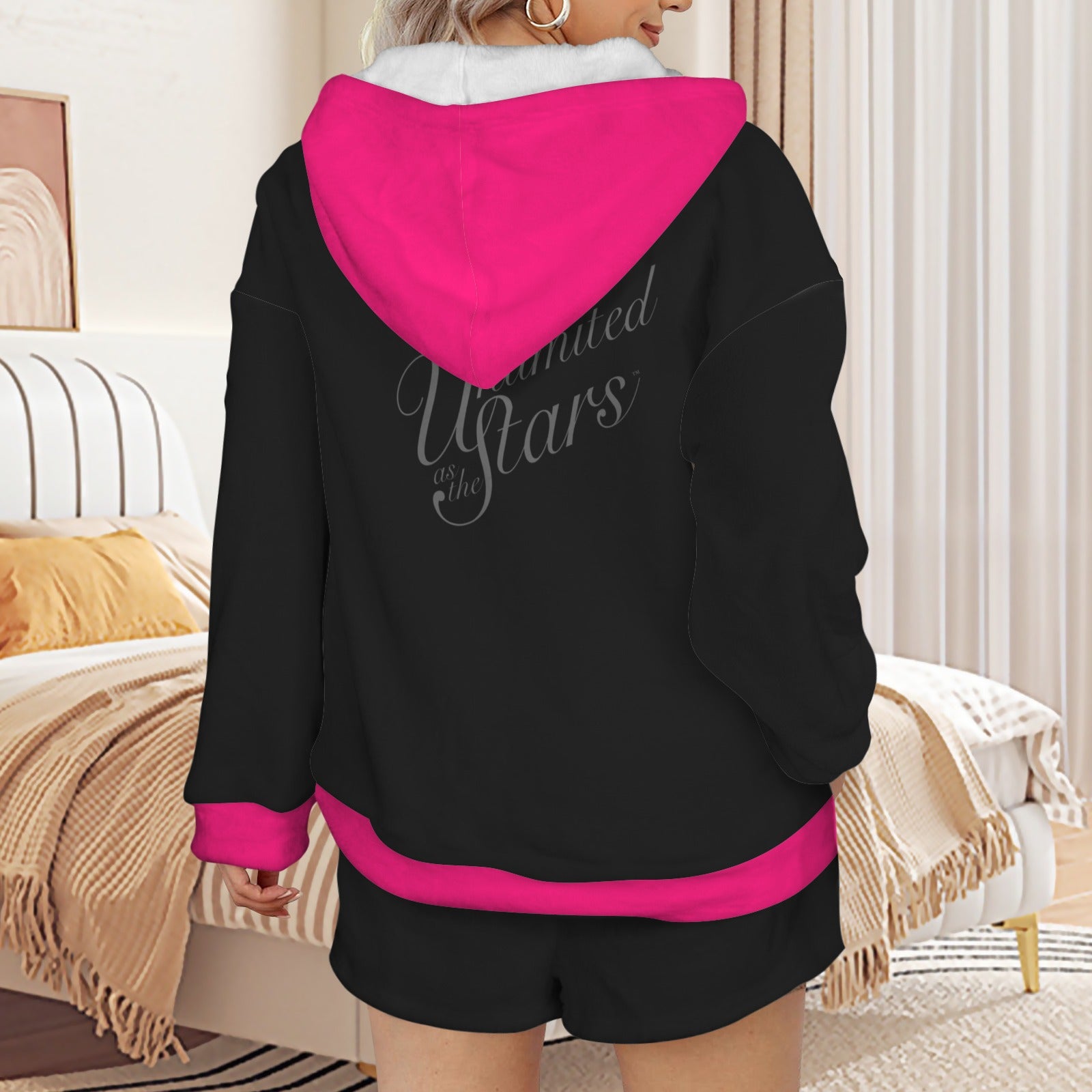 Plush Hooded Pajamas Set Black & Magenta Unlimited as the Stars