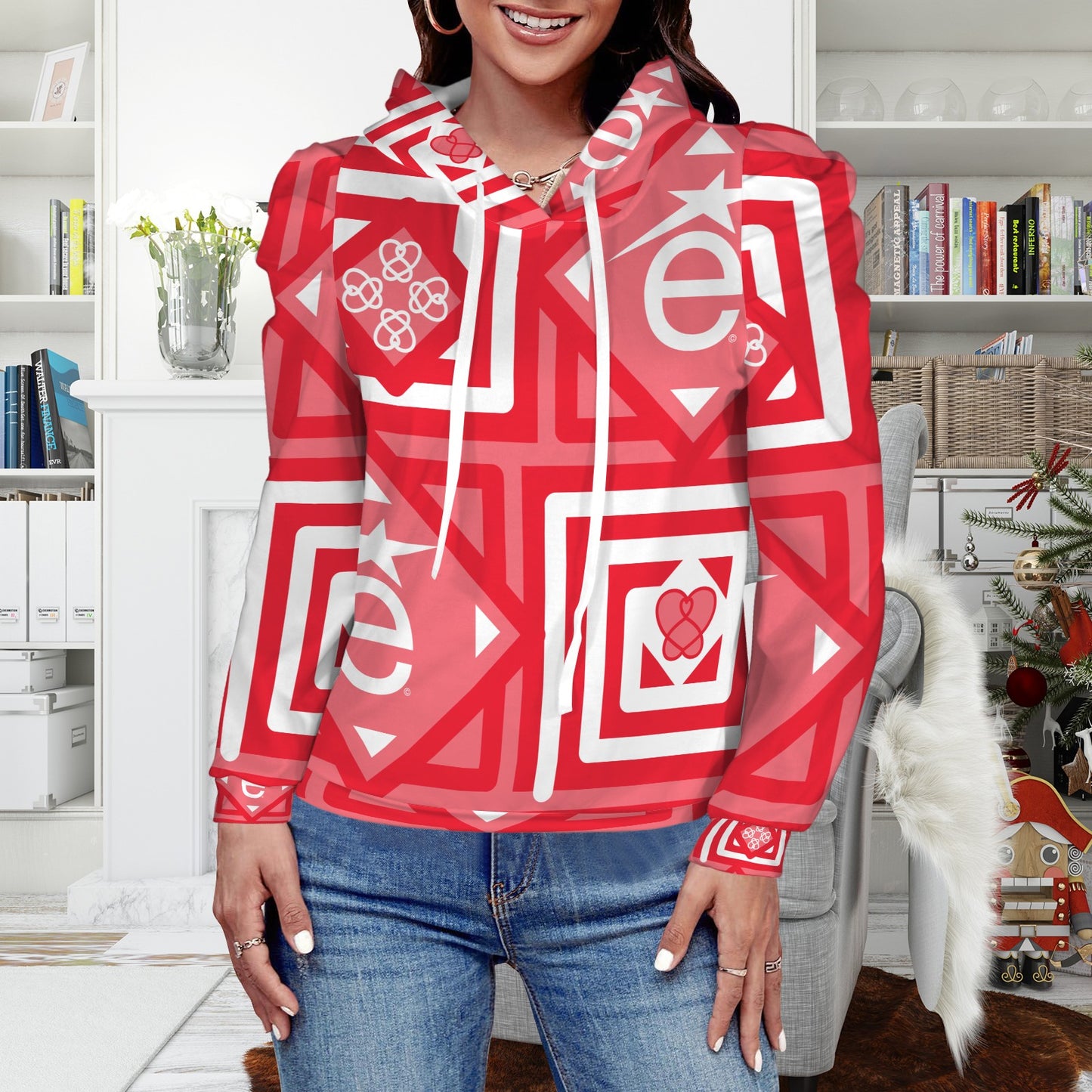 Pleated Puff Sleeve Hooded Fleece Sweatshirt Red White é Logo Art