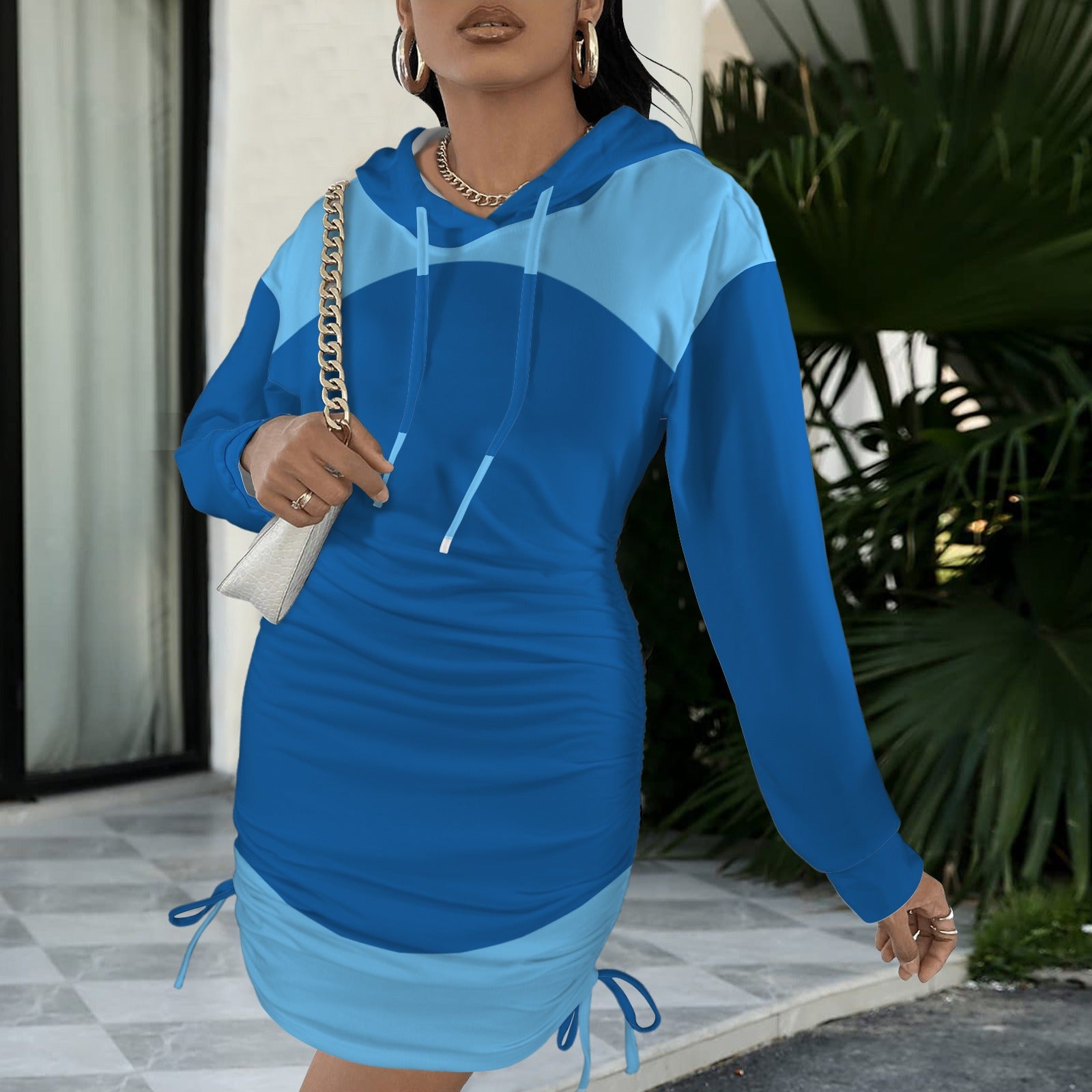 Blues Hoodie Drawstring Sweatshirt Dress