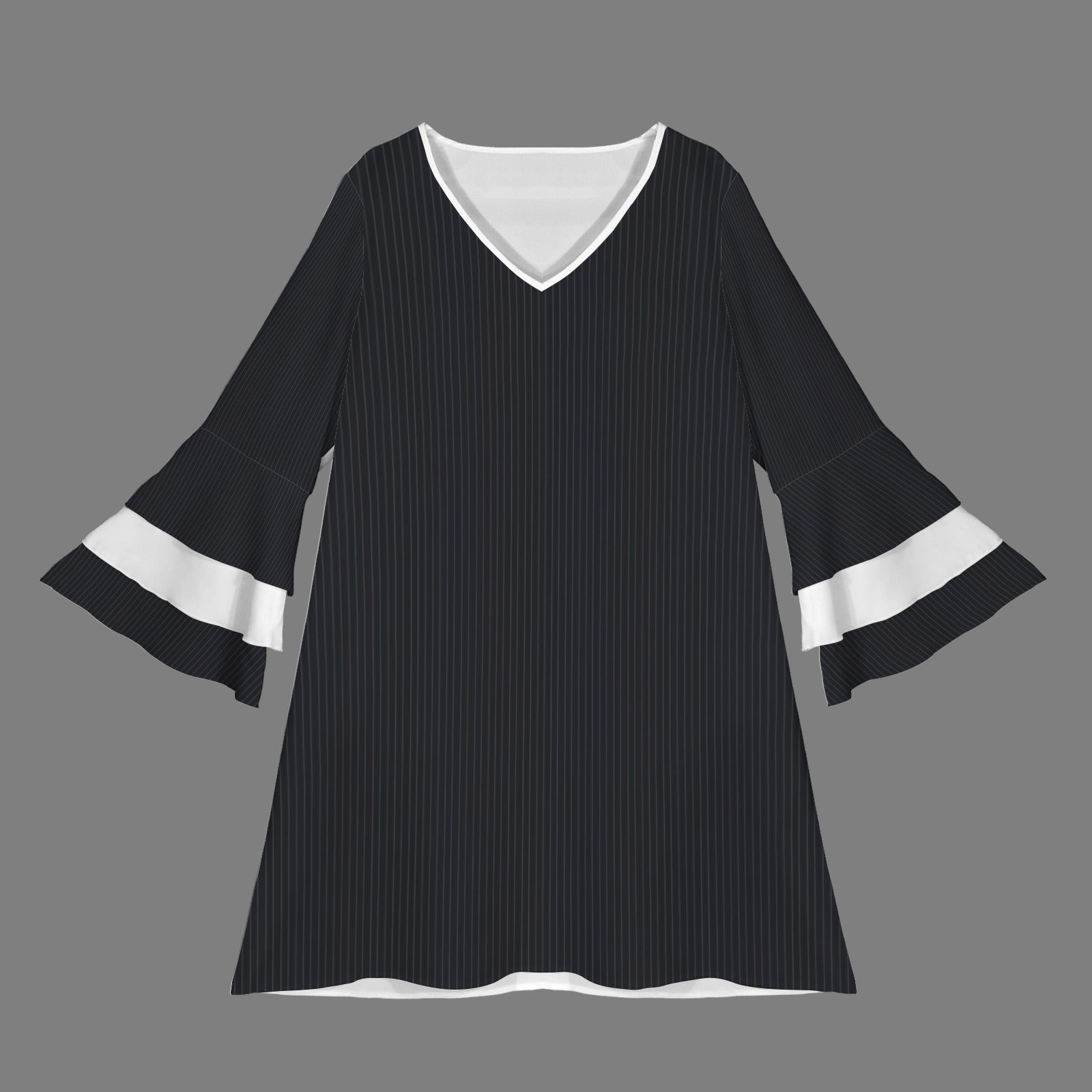 Midnight Pinstripe & White V Neck Layered Flared Sleeve Dress