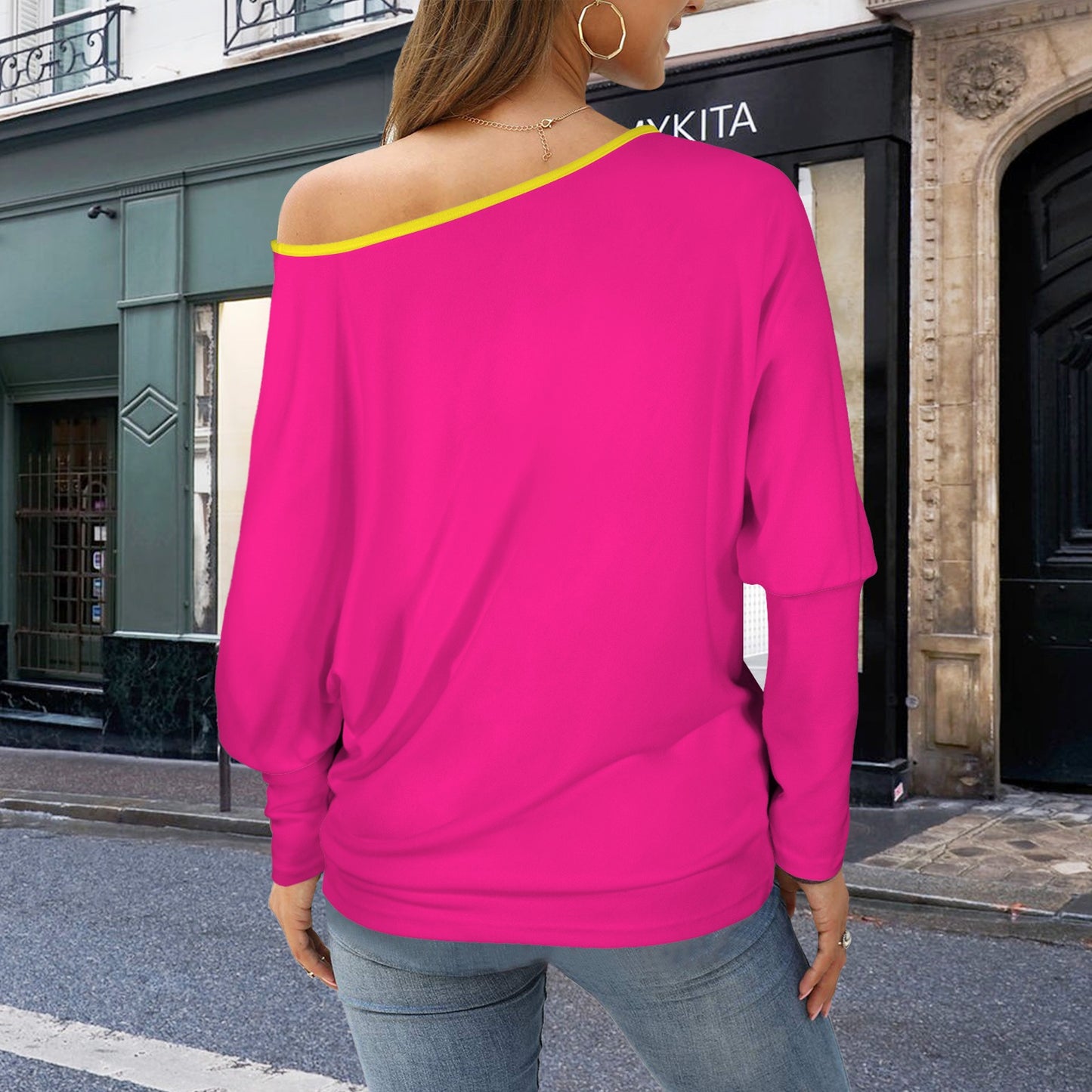 Casual Long Batwing Sleeve Off Shoulder Sweater Top Magenta Yellow