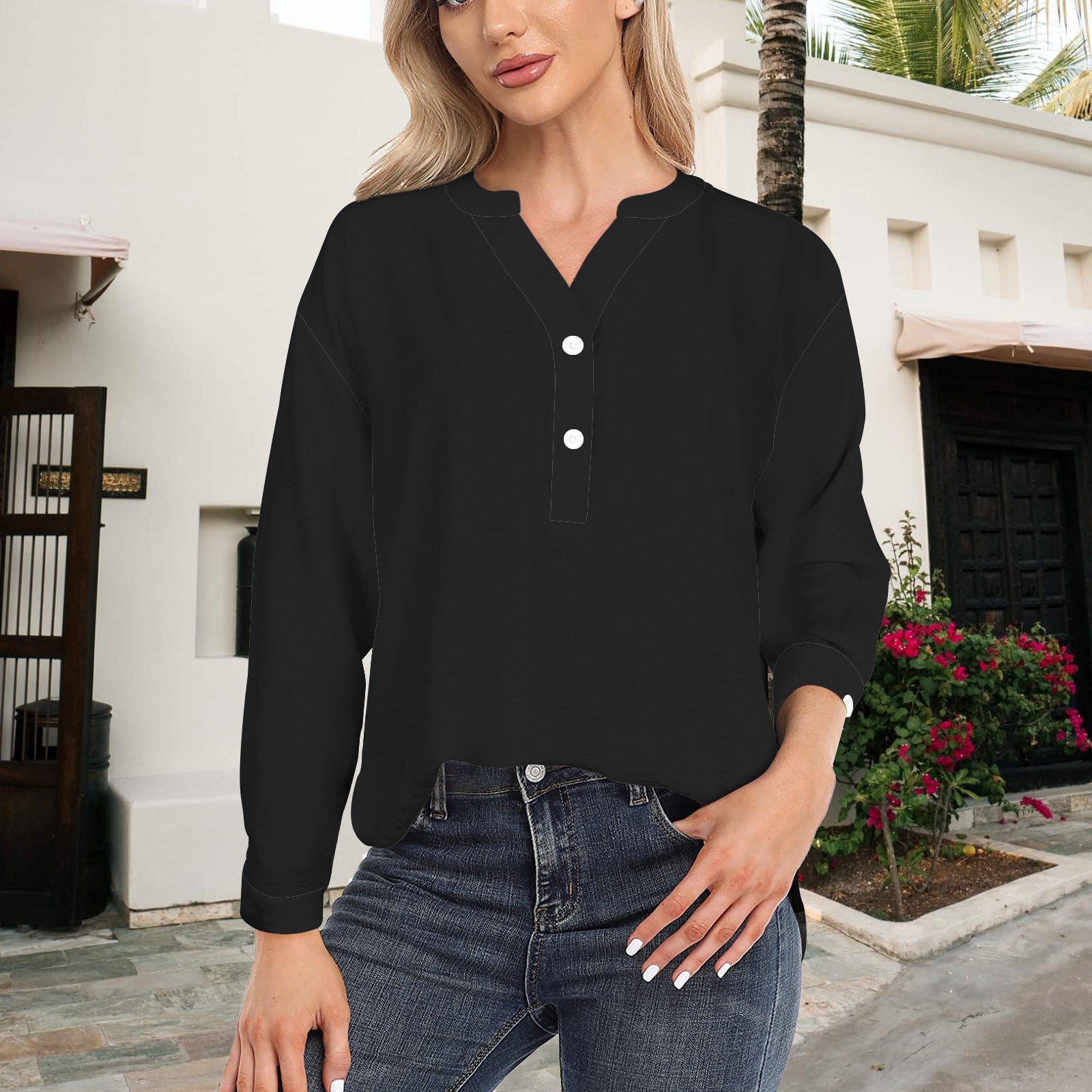 Button V Neck Long Sleeve Blouse Black