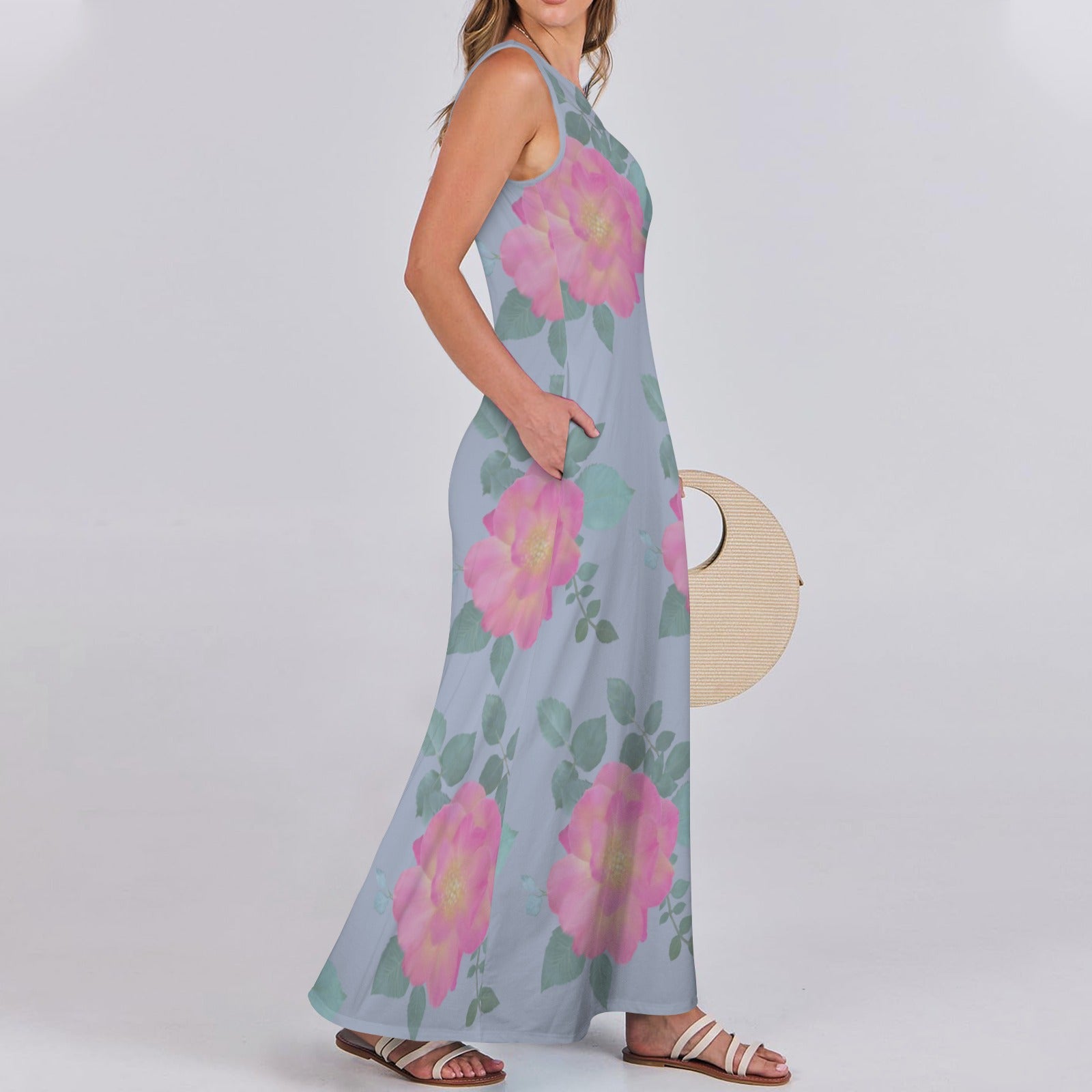 Sleeveless Maxi Dress Roses Cloud Blue