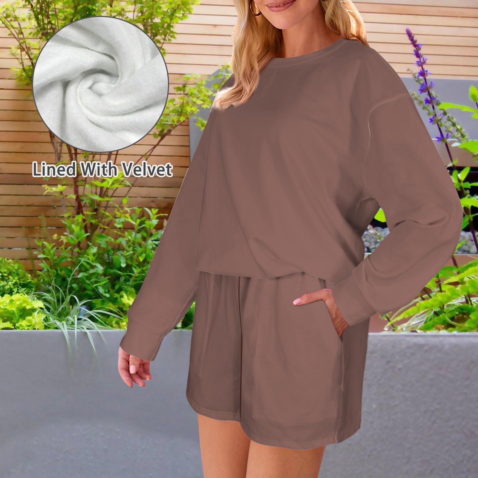 Chocolate Long Sleeve Fleece Sweatshirt & Drawstring Shorts Set