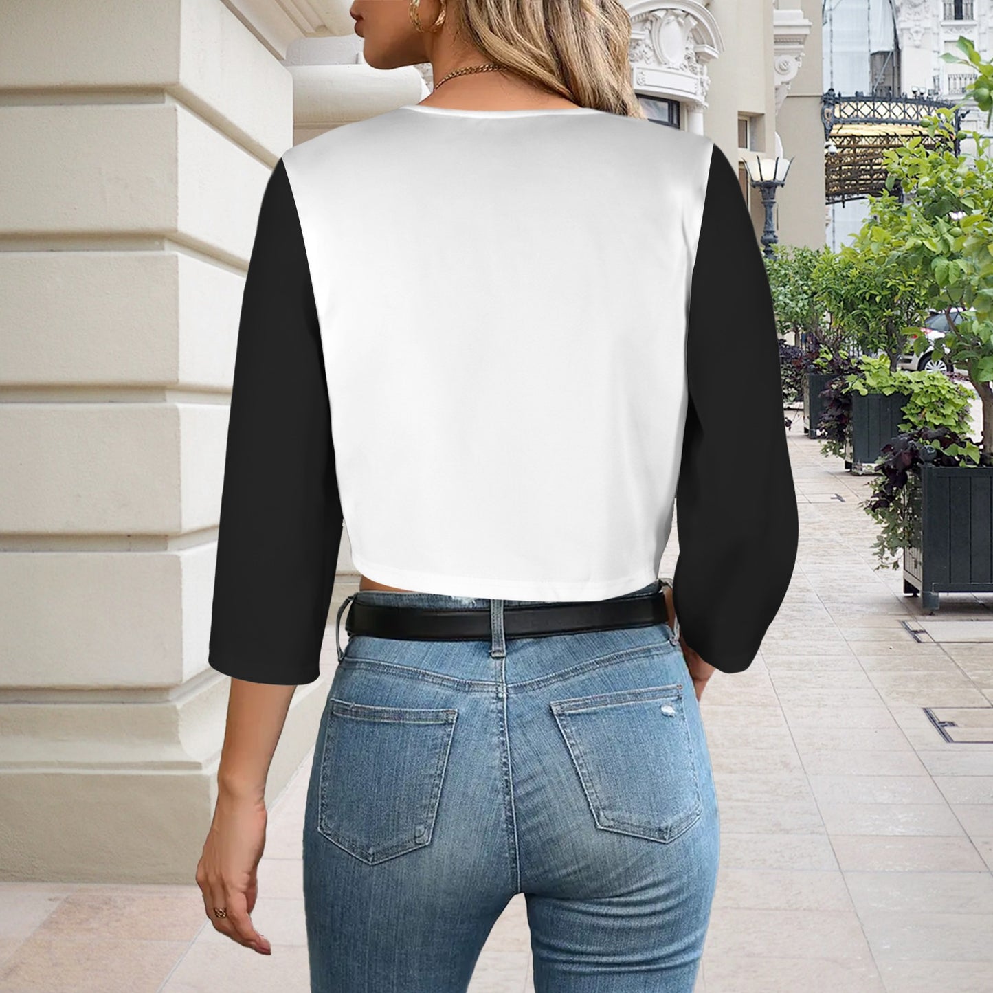 White Black Open Front Short Blazer