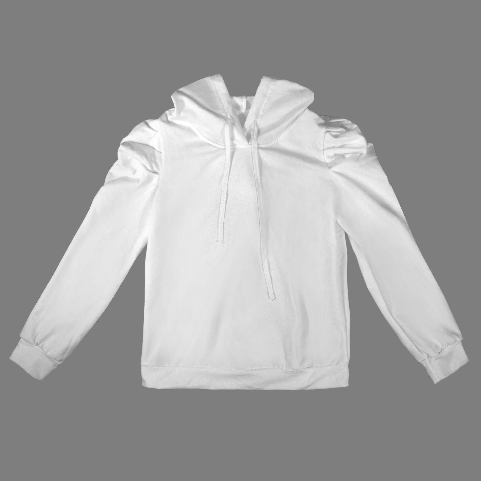 Pleated Puff Sleeve Hooded Fleece Sweatshirt Romantic White