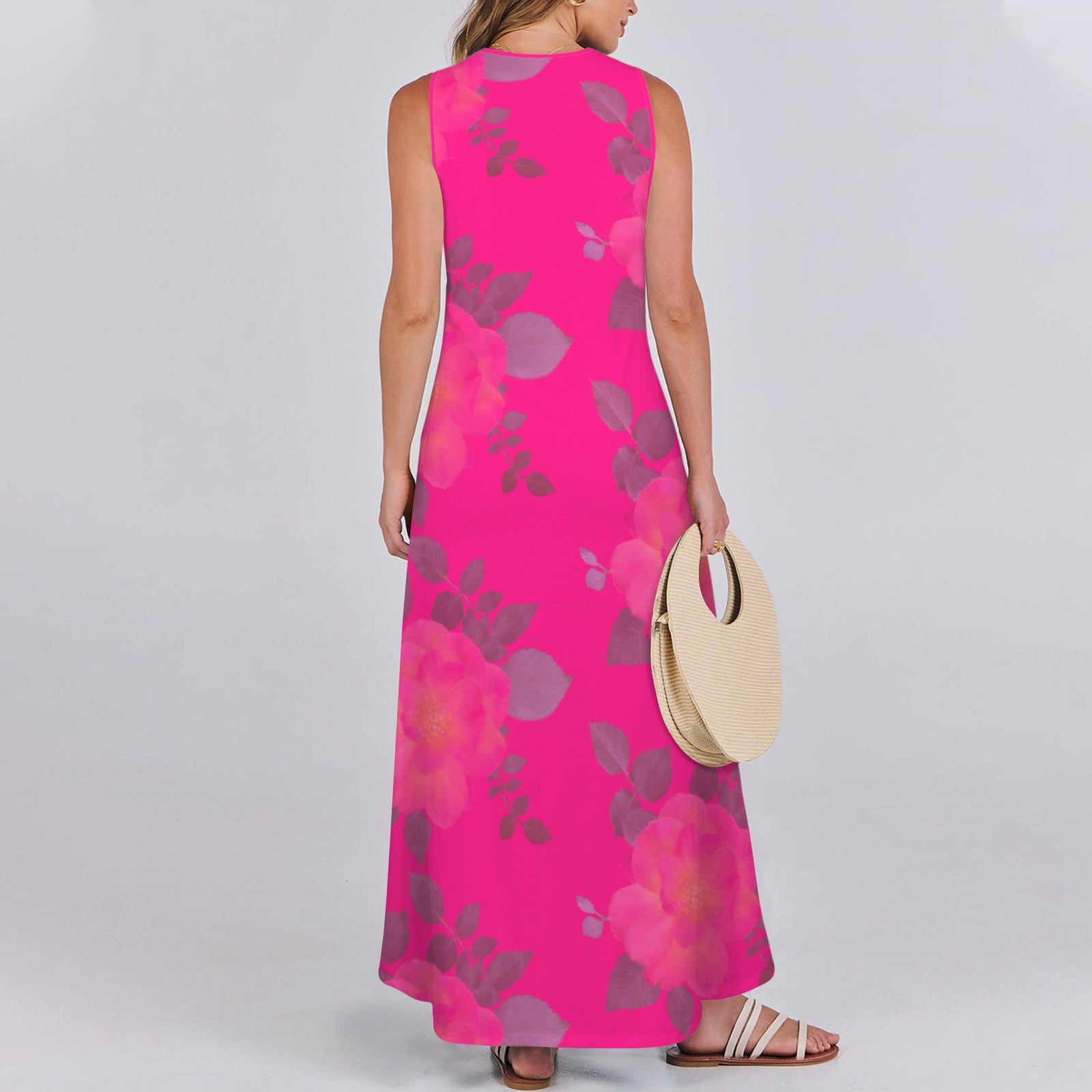 Sleeveless Maxi Dress Roses Magenta