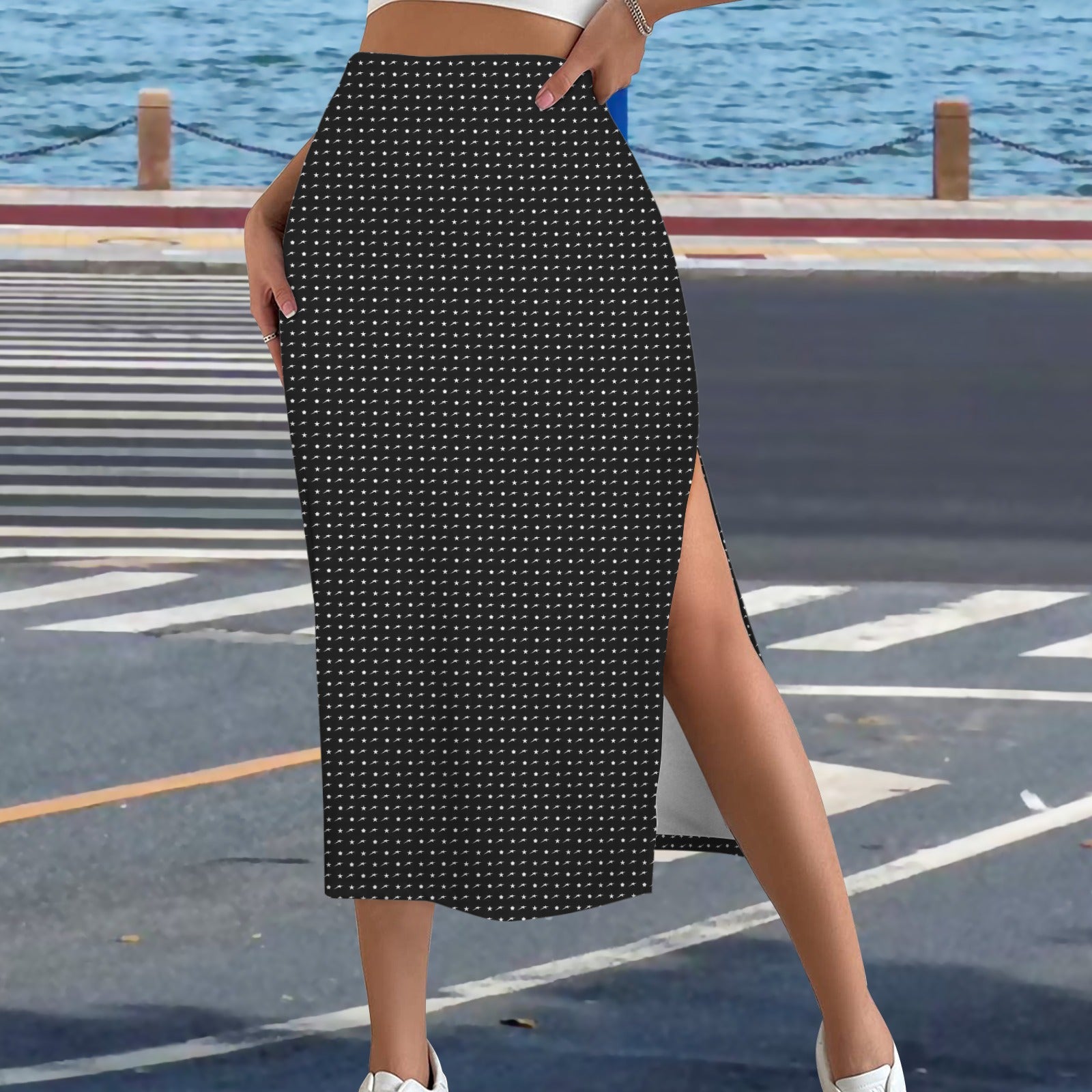 High Waist Split Skirt Black White Starry