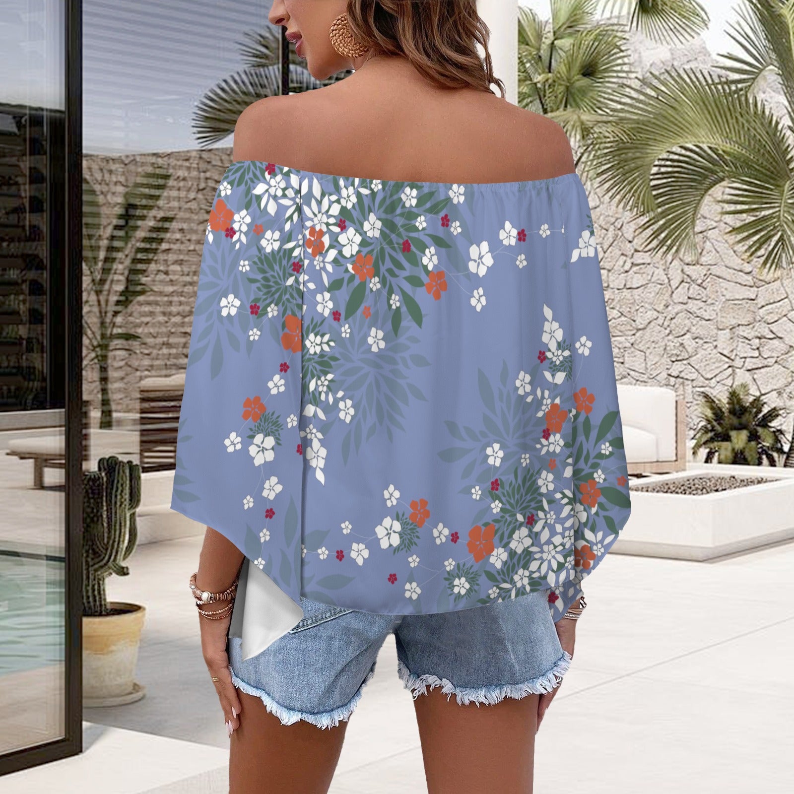 Off Shoulder Trumpet Sleeve Blouse Periwinkle Blue Blossom