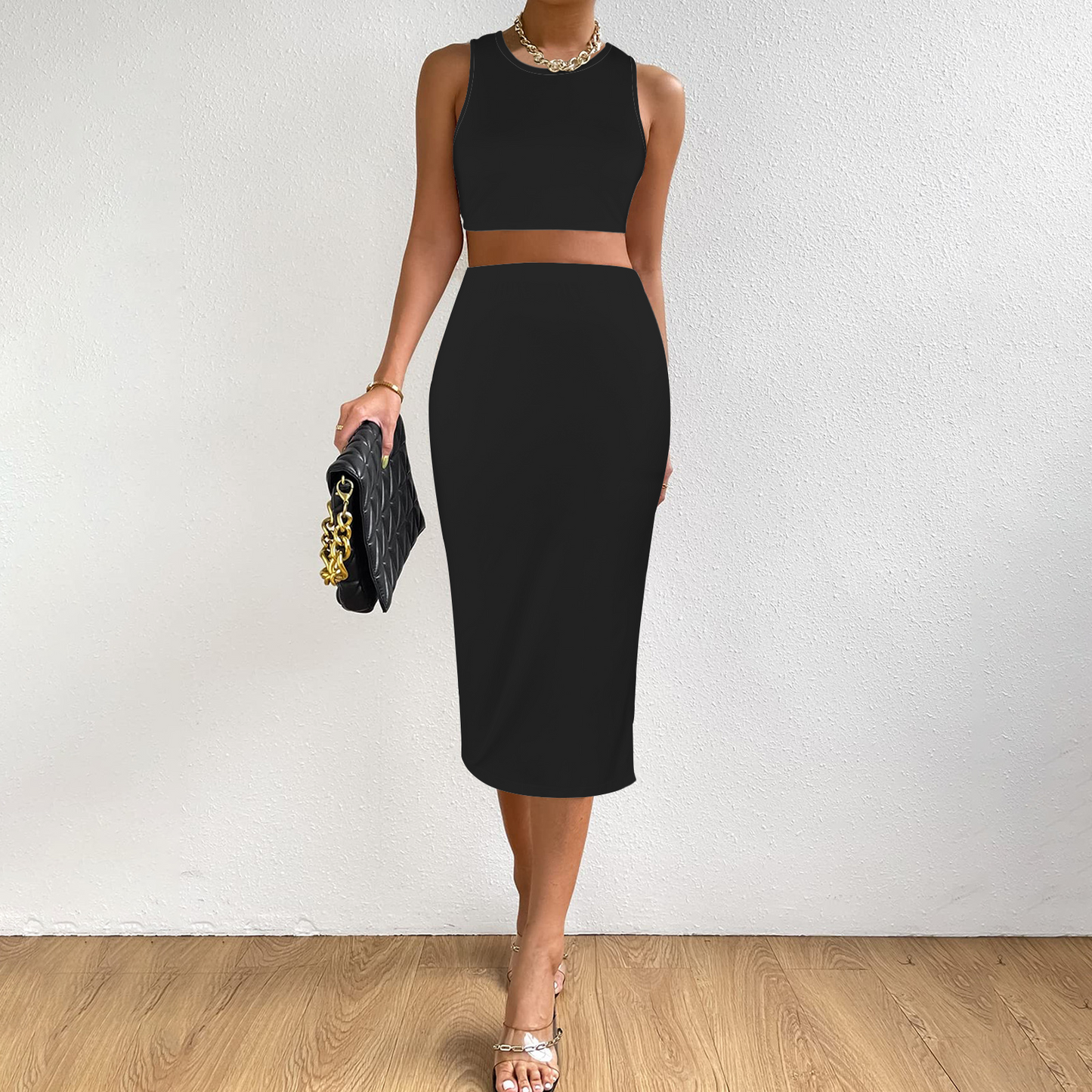 Black Mid Length Skirt & Crop Tank 2 Piece Set