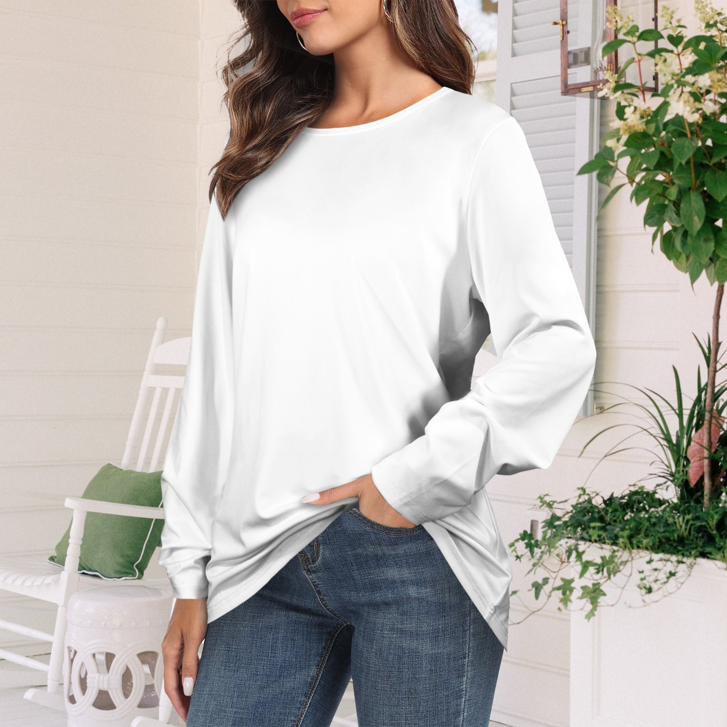 Long Sleeve Round Neck T Shirt White