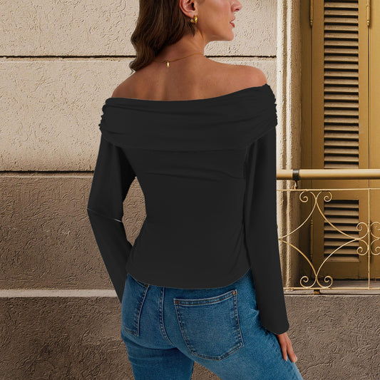 Off Shoulder Double Lined Long Sleeve T Shirts Black