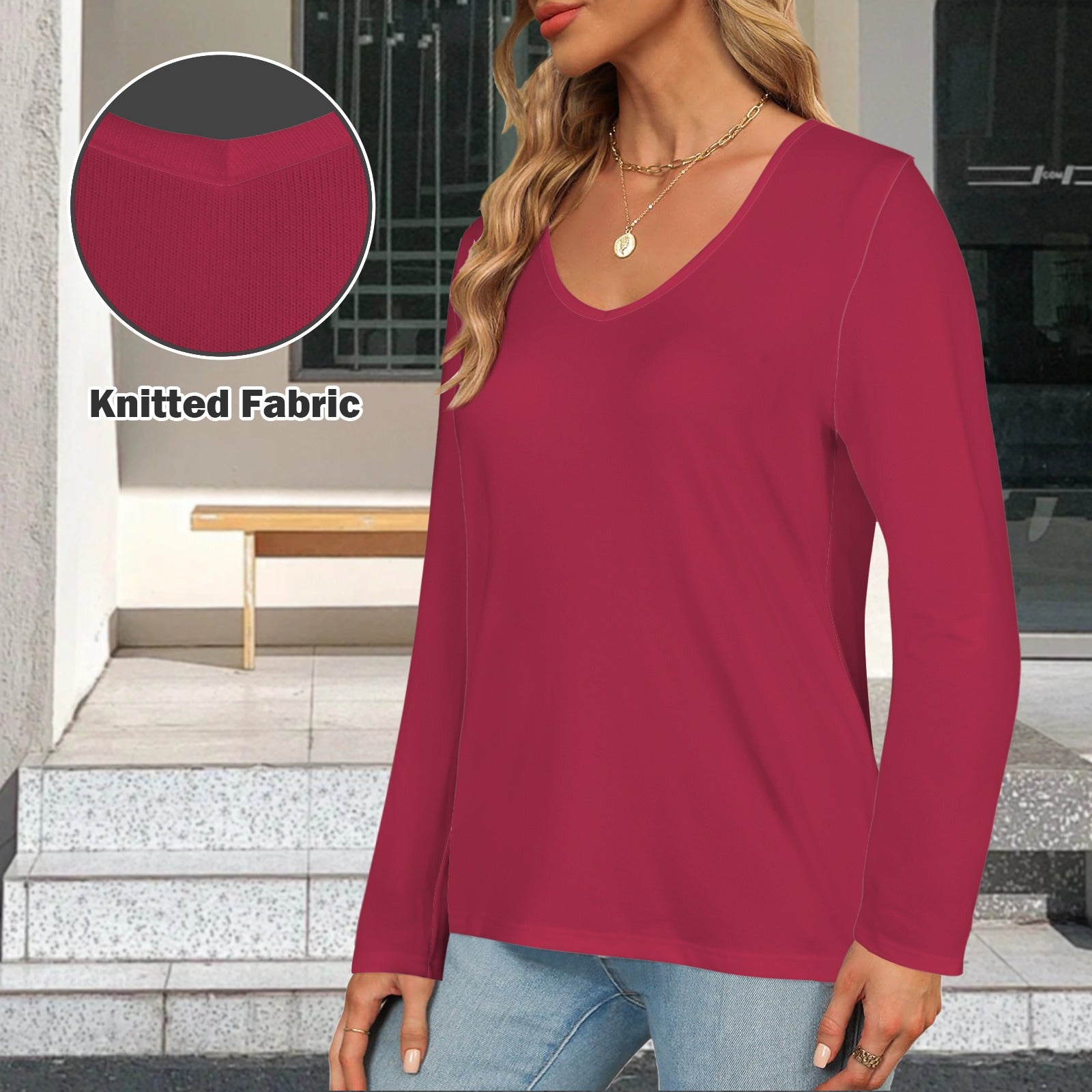 V Neck Long Sleeve Pullover Top Red