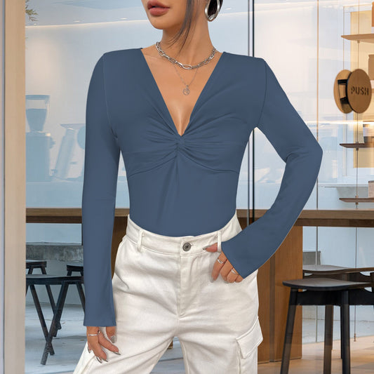 Storm Blue Twist V Neck Long Sleeve Slim Fit Top