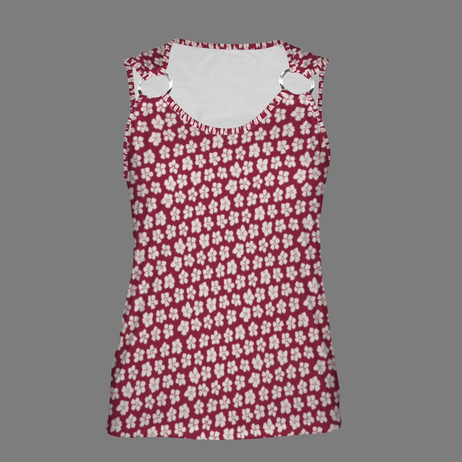 Dark Berry & Beige Flower Print Sleeveless Ring Buckle Tank Top