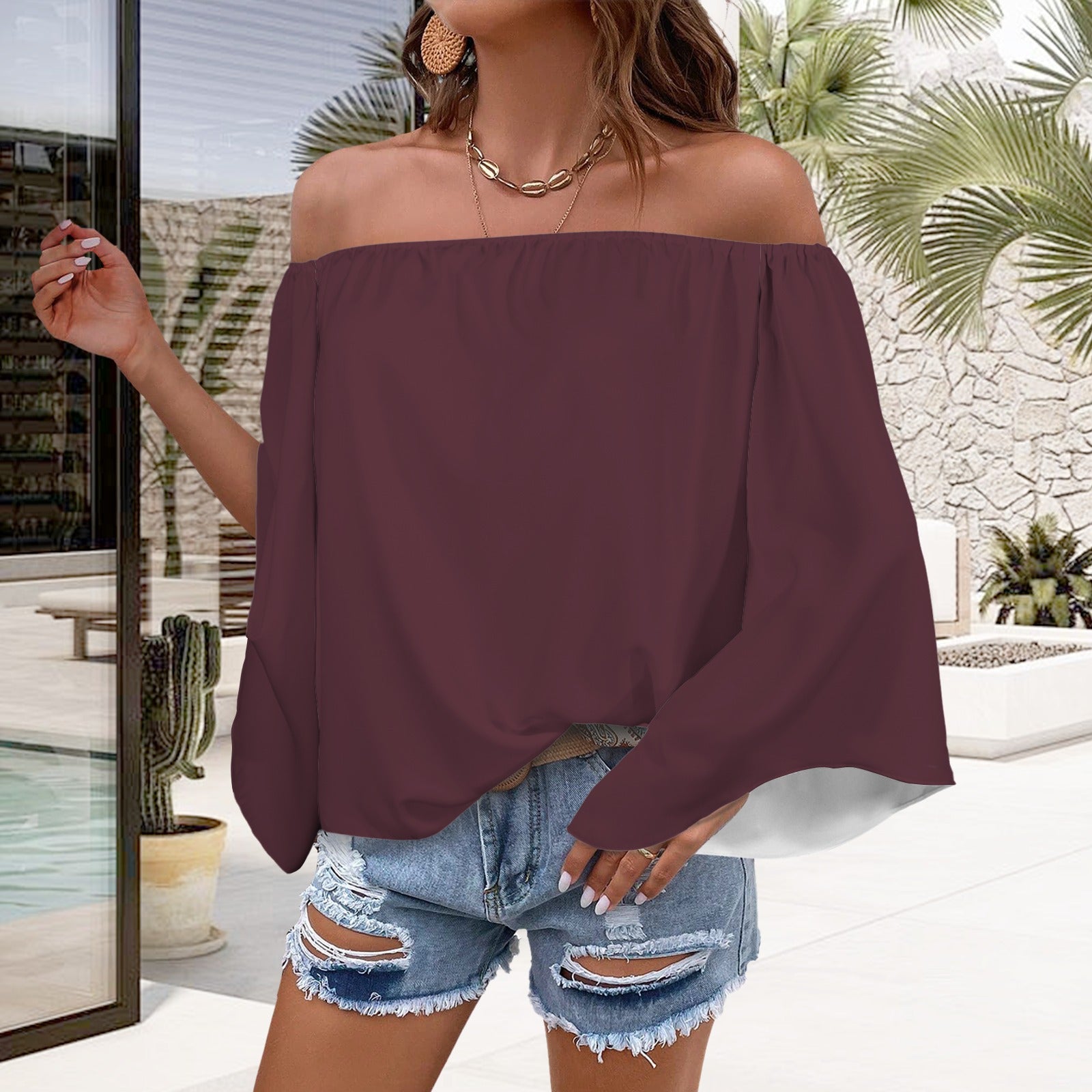 Off Shoulder Trumpet Sleeve Blouse Black Berry