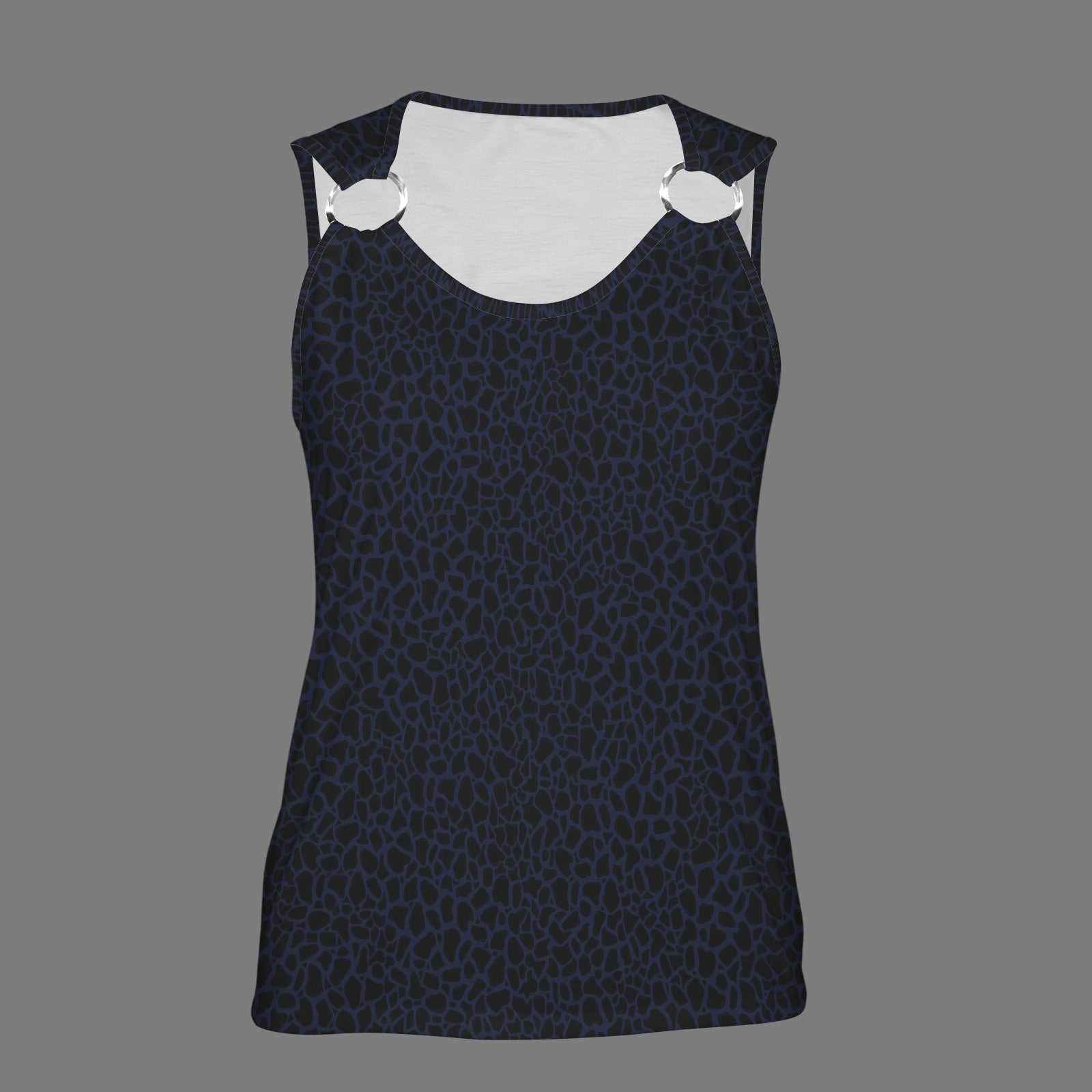 Violet Black Petal Print Sleeveless Ring Buckle Tank Top