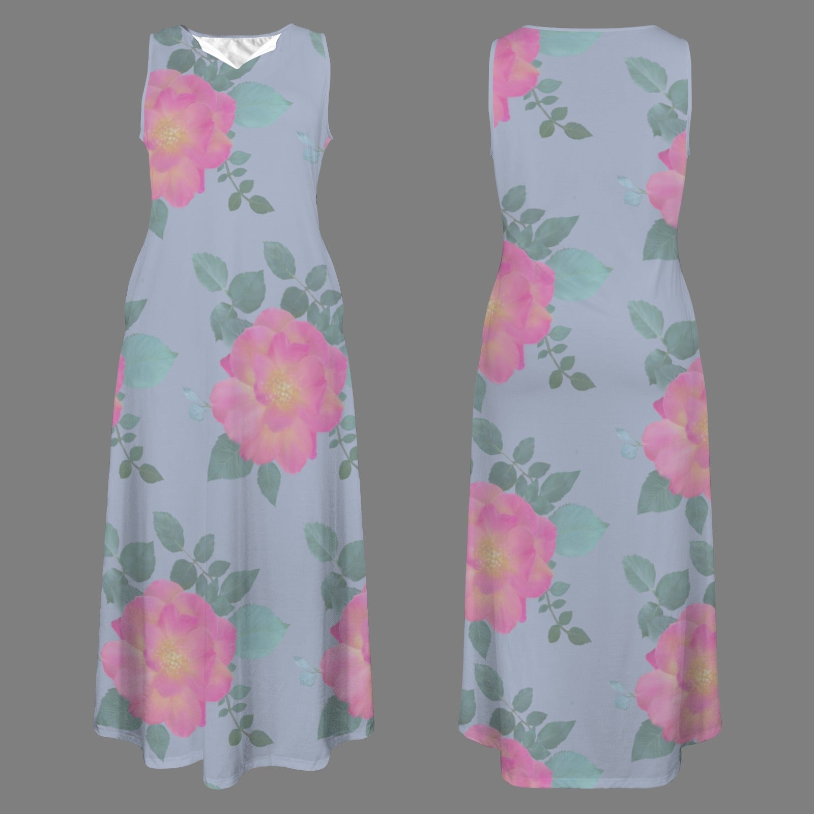 Sleeveless Maxi Dress Roses Cloud Blue