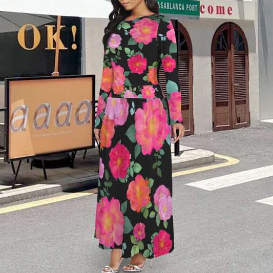 Long Sleeve Pocket Pleated Maxi Dress Black Multi Rose Floral