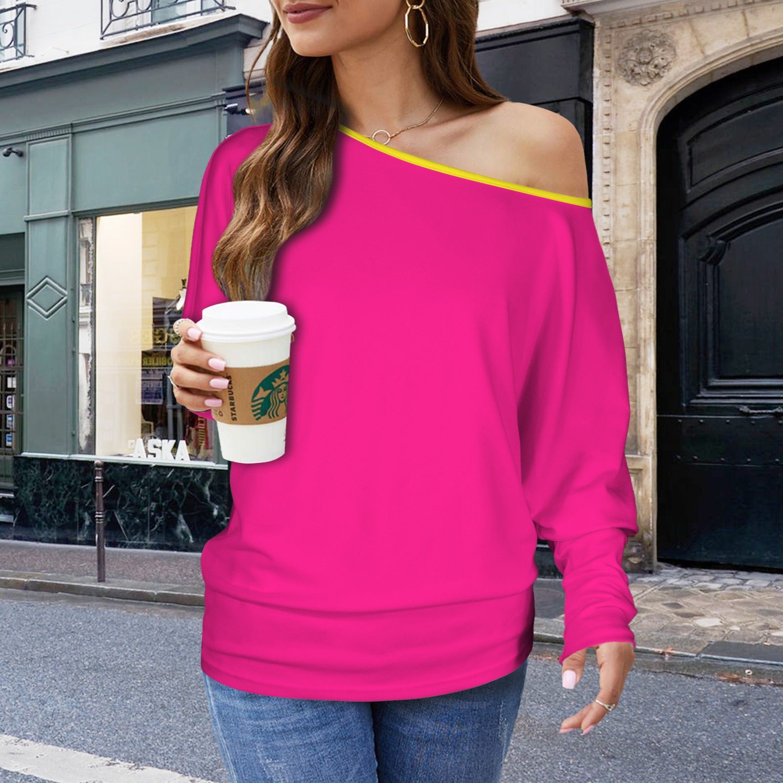 Casual Long Batwing Sleeve Off Shoulder Sweater Top Magenta Yellow