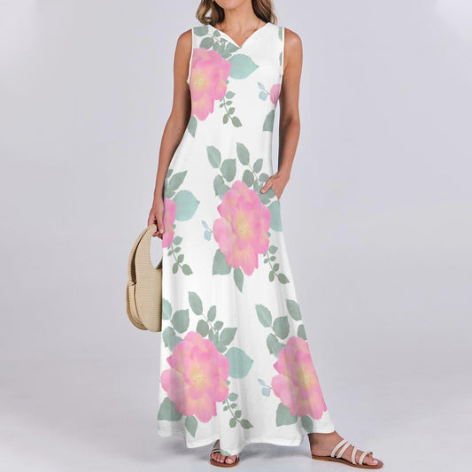 Sleeveless Maxi Dress Roses White