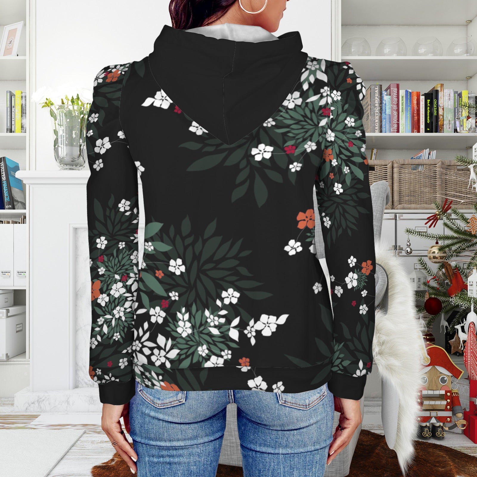 Pleated Puff Sleeve Hooded Fleece Sweatshirt Blossom Black