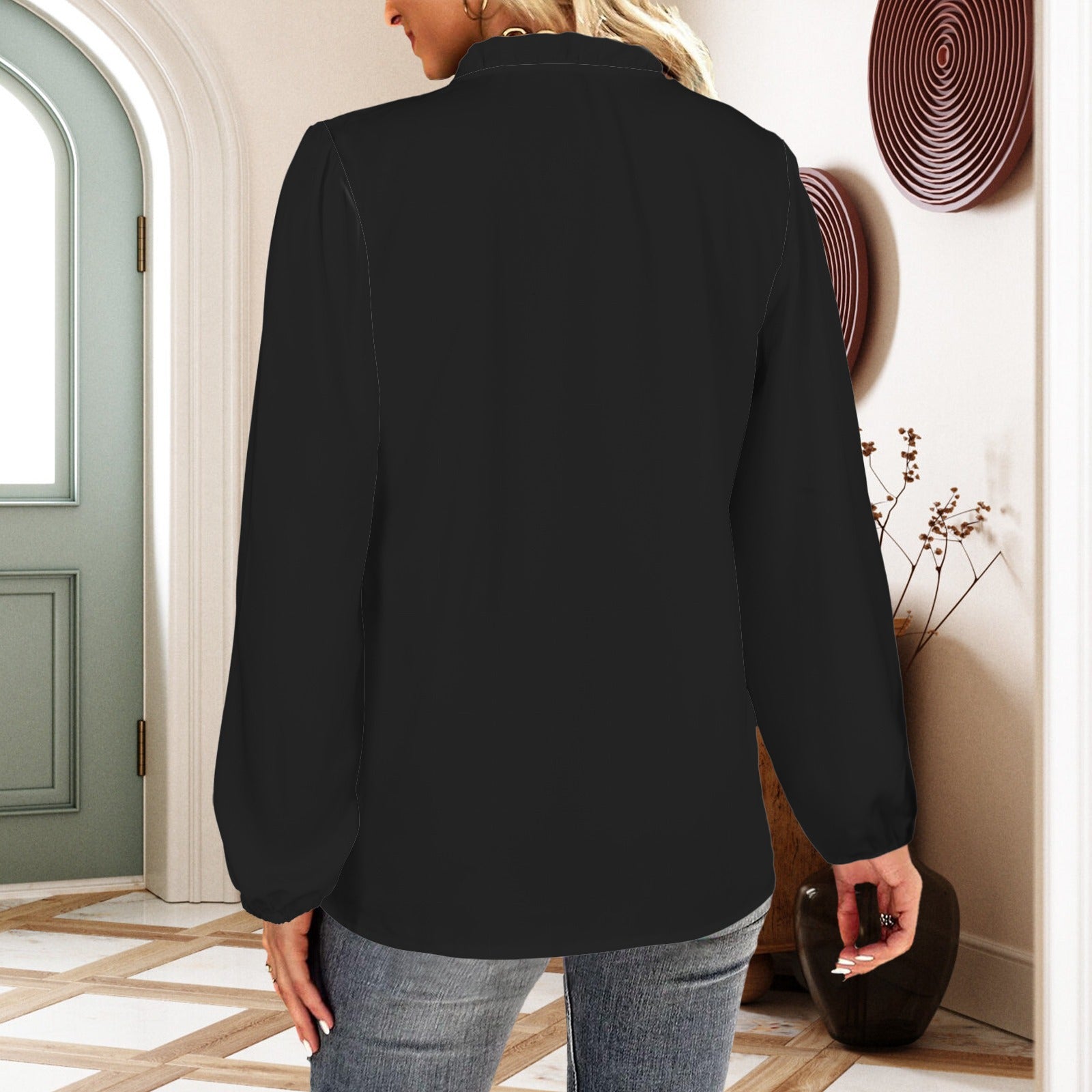 Long Sleeve Ruffle Trim Blouse Shirt Black