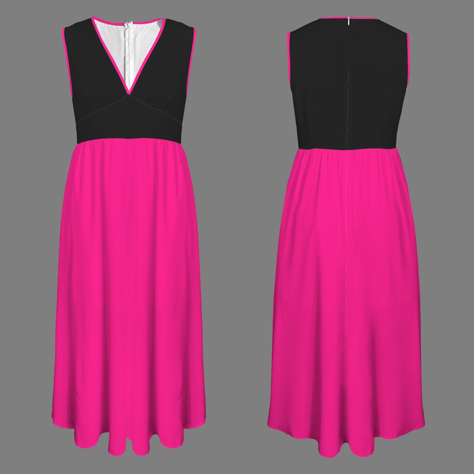 Deep V-Neck Sleeveless Hight Waisted Maxi Dress Magenta Black